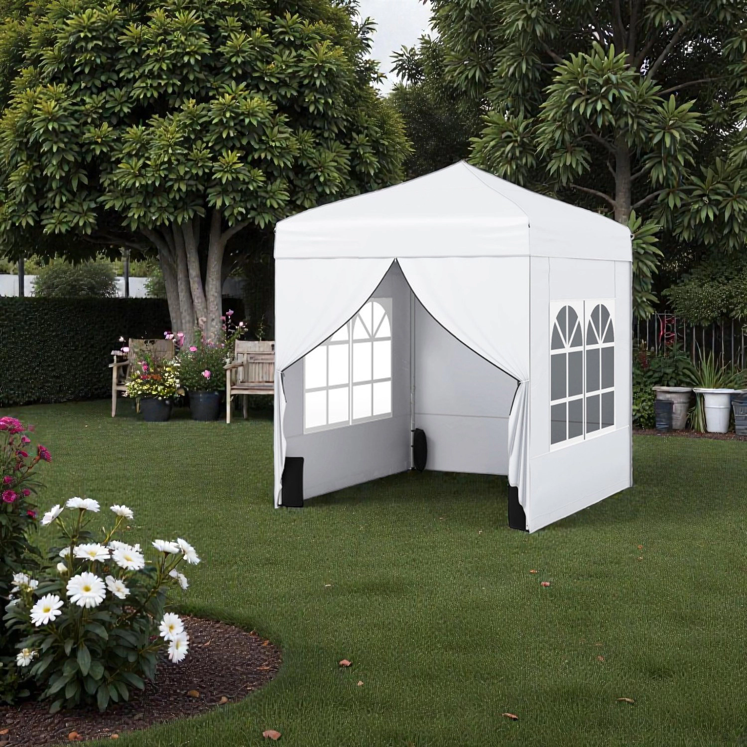 Hivvago Pop-Up Shade Tent 6.5×6.5 FT with Sidewall Set and Wheel-Equipped Bag