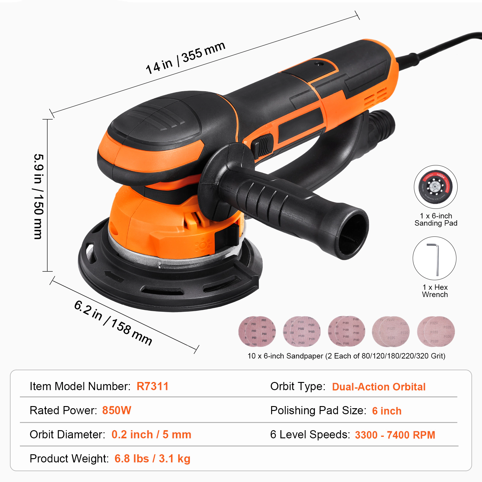 HONGGE Random Orbital Sander & 6-Inch 6 Variable Speed Electric Palm with Sandpapers Dust