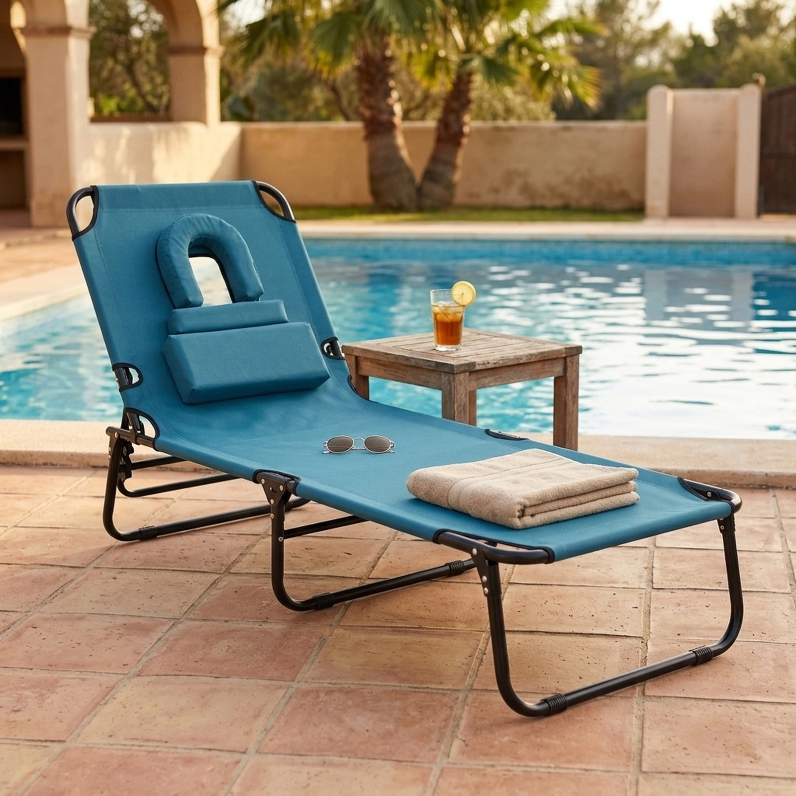 SUGIFT Folding Face-Down Tanning Chair, Face Hole, 3 Pillows, Adjustable Backrest, Blue
