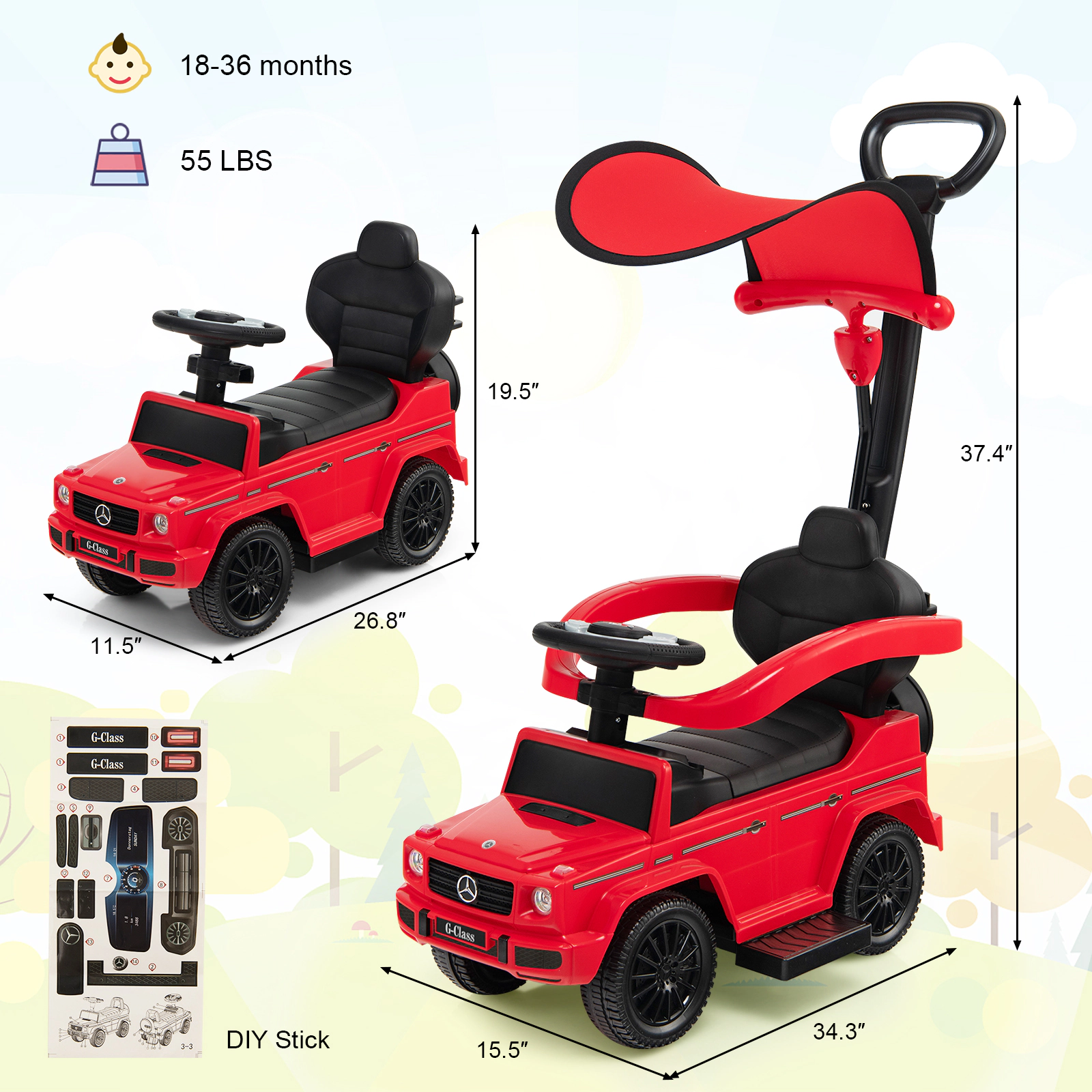SUGIFT Toddler Red 3-in-1 Ride On Push Car with Sun Canopy and Guardrails 34.3-in W 37.4-in H 55-lb Seat Capacity