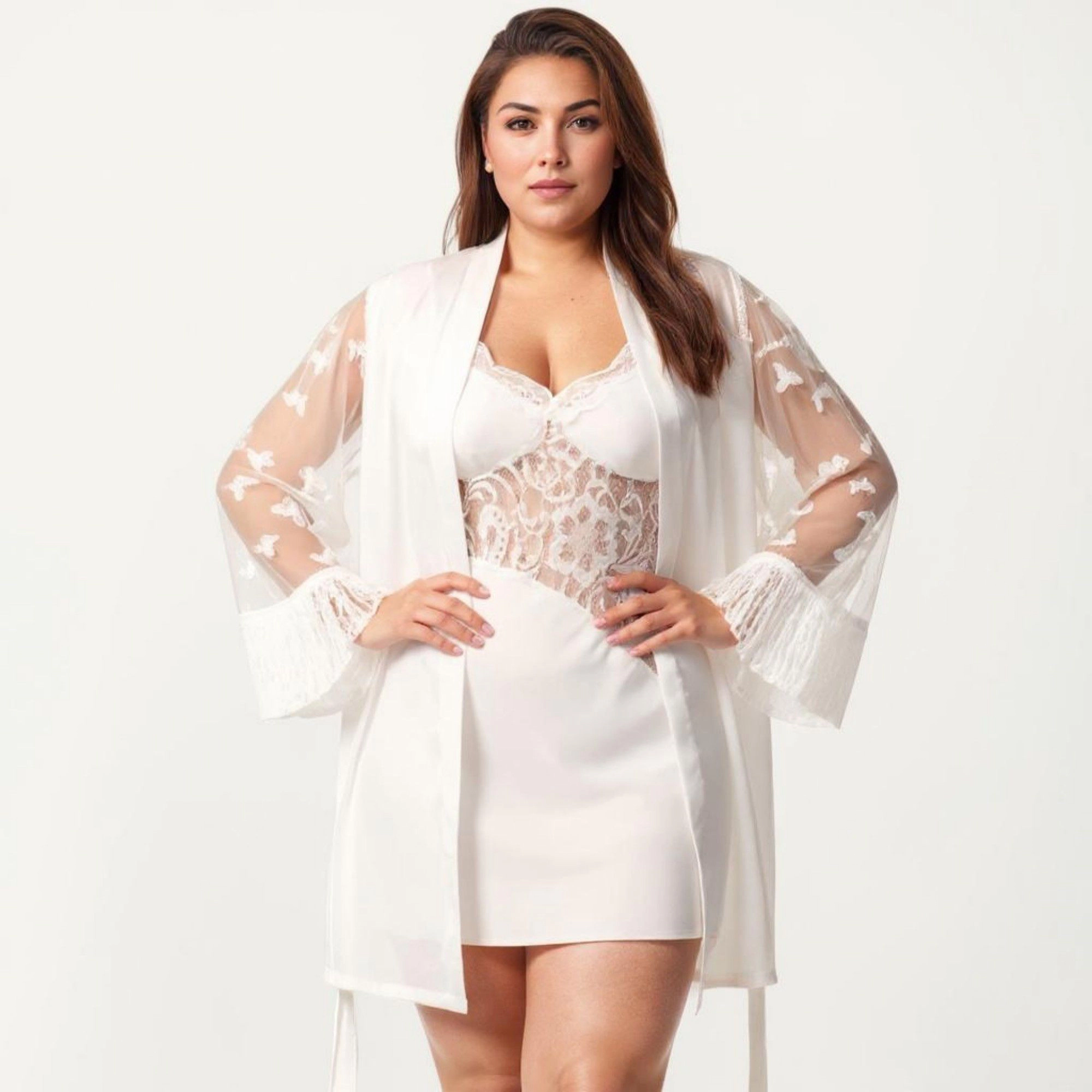 Anna-Kaci Women's Plus Sheer Mesh Lace Trim Robe Lightweight Long Sleeve Sleepwear