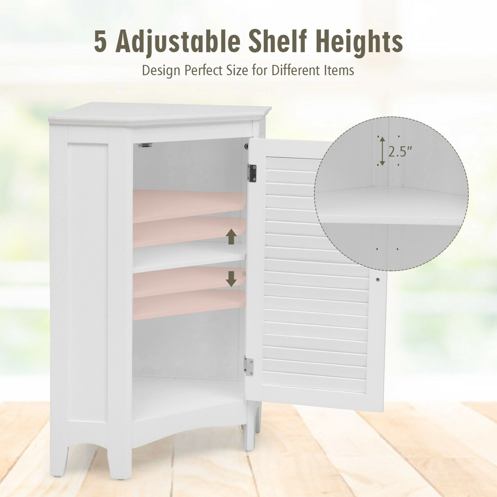 Glintex Corner Bathroom Cabinet with Shutter Door and 5 Adjustable Shelf Heights, White