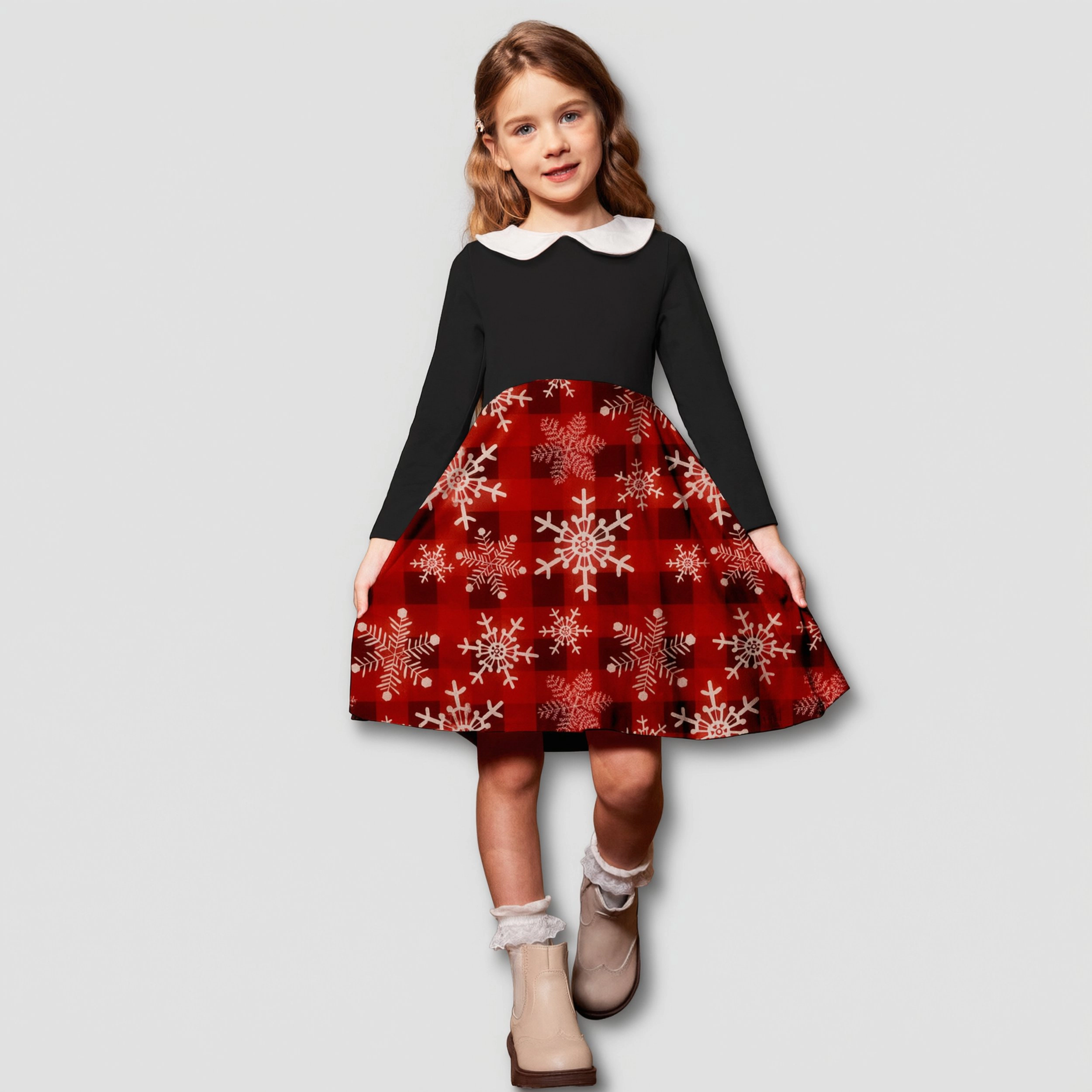 Arshiner Girls Long Sleeve Dress Casual Vintage Peter Pan Collar Swing Party