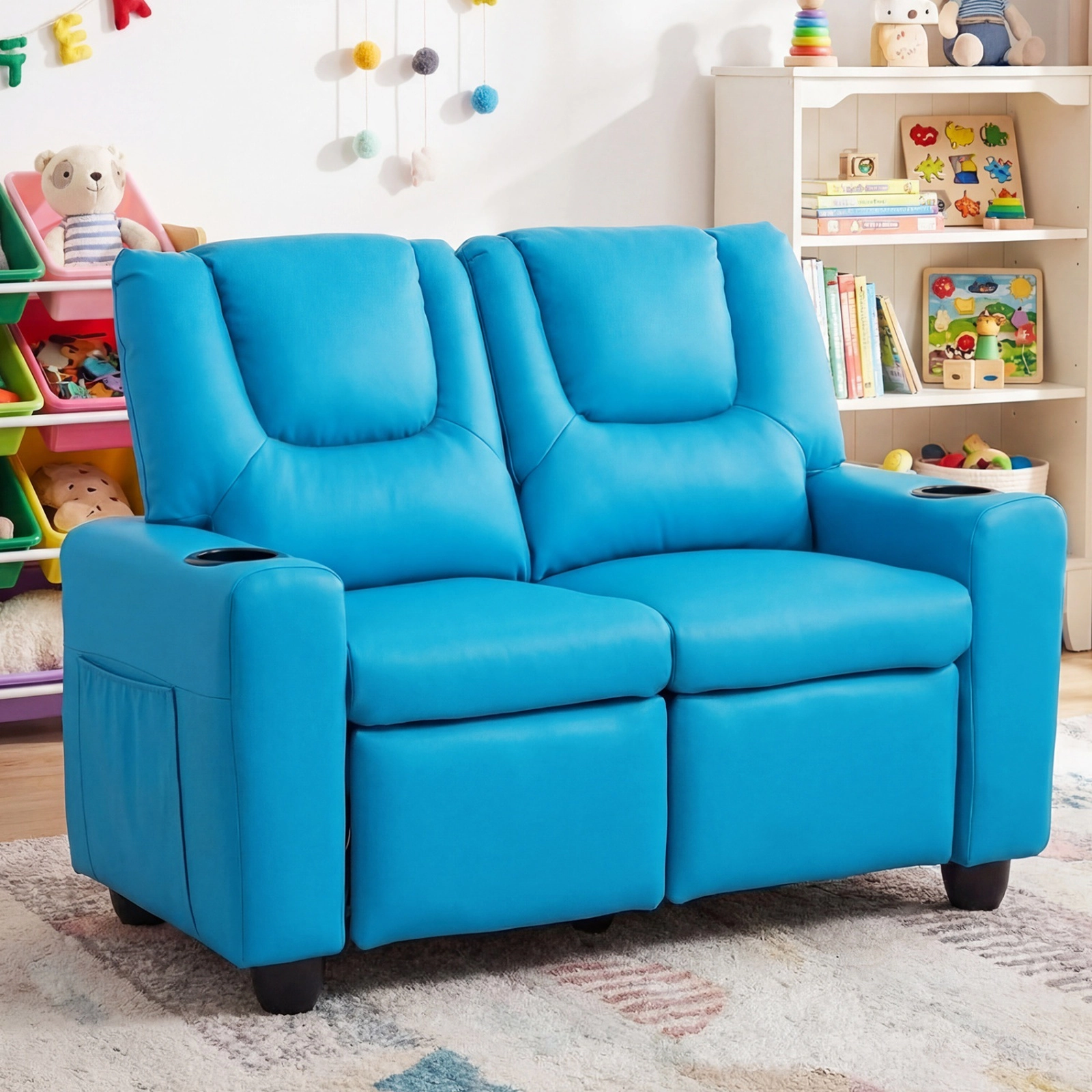 Kids Recliner Chair 2-Seater Toddler Sofa Lounge Chair with Adjustable Backrest Retractable Footrest 2 Cup Holders Blue