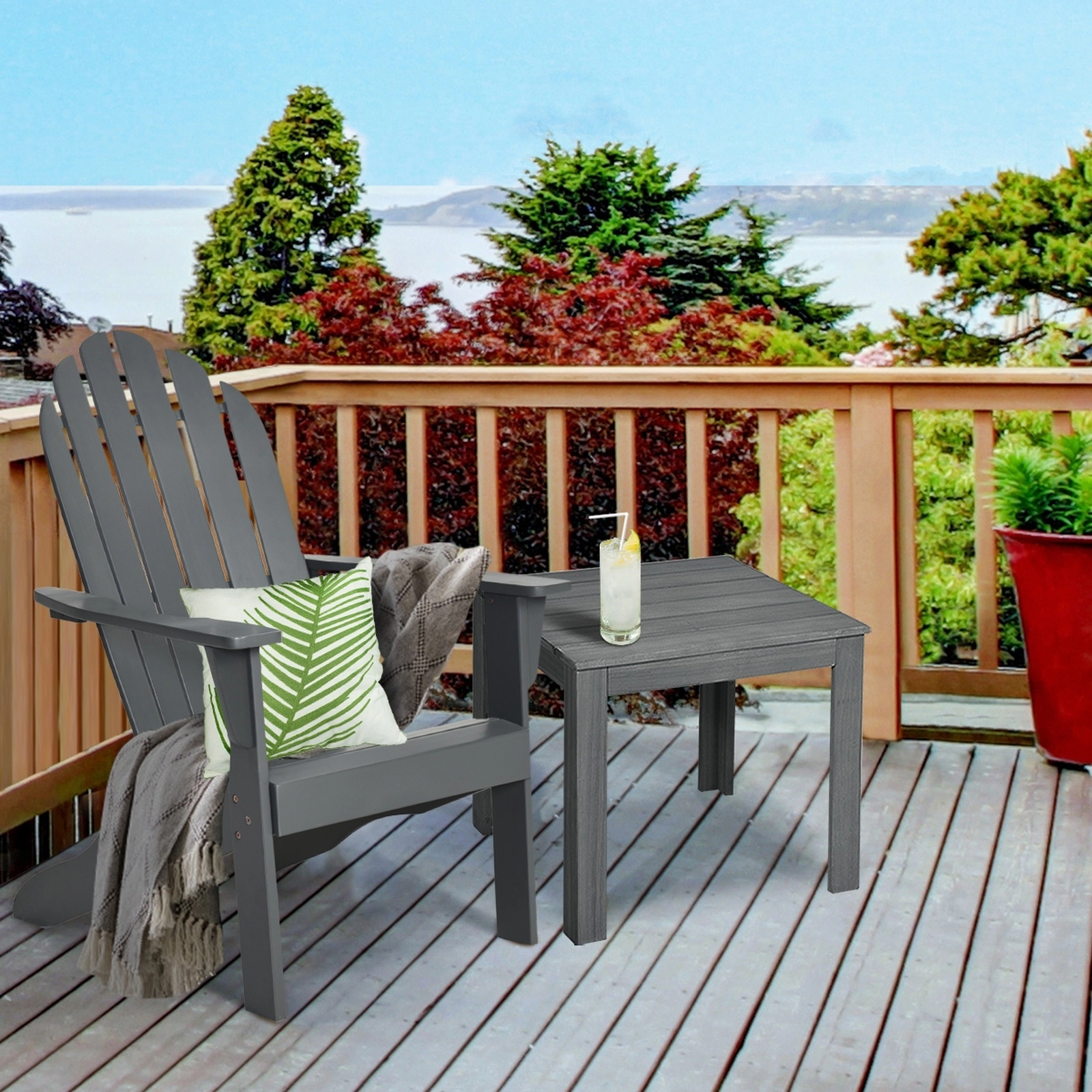 SUGIFT Gray Acacia Wood Adirondack Chair, Slatted Back, Galvanized Hardware, Outdoor Patio