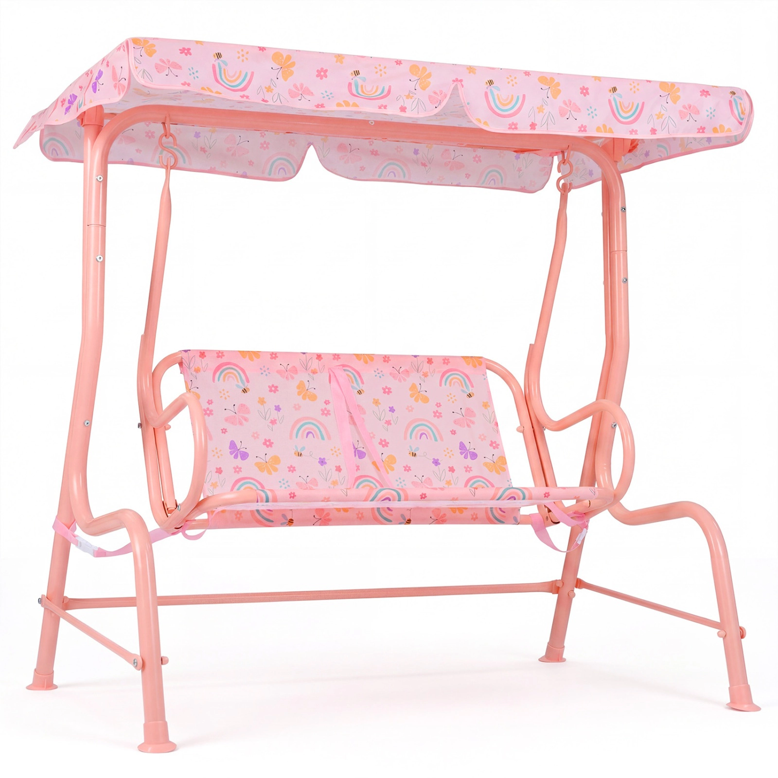 SUGIFT Pink 2-Seat Kids Swing Chair, Triangle Metal Frame, Backrest and Rotating Canopy