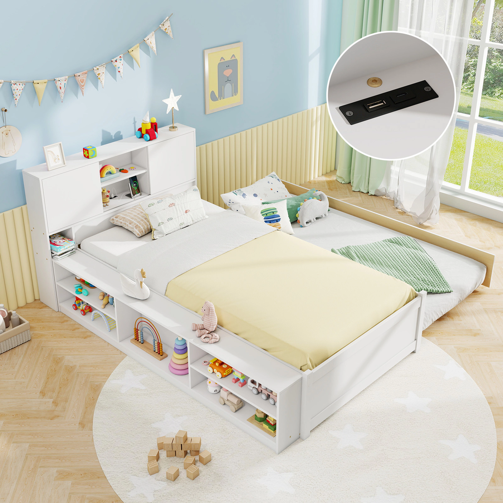 Twin Size Bed Frame with Trundle and Power Outlets Solid Wood Kids Bed with Storage Headboard Bedside Shelves White