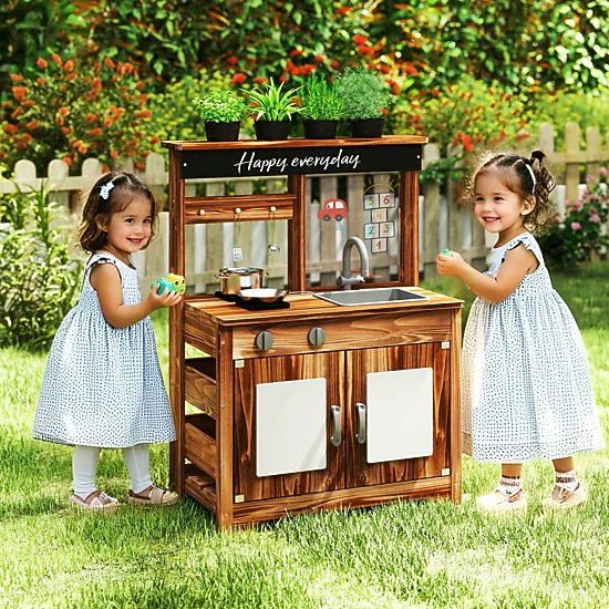 LJG Kids Mud Kitchen Fir Wood Play Kitchen with 4 Panting Pots Faucet ...