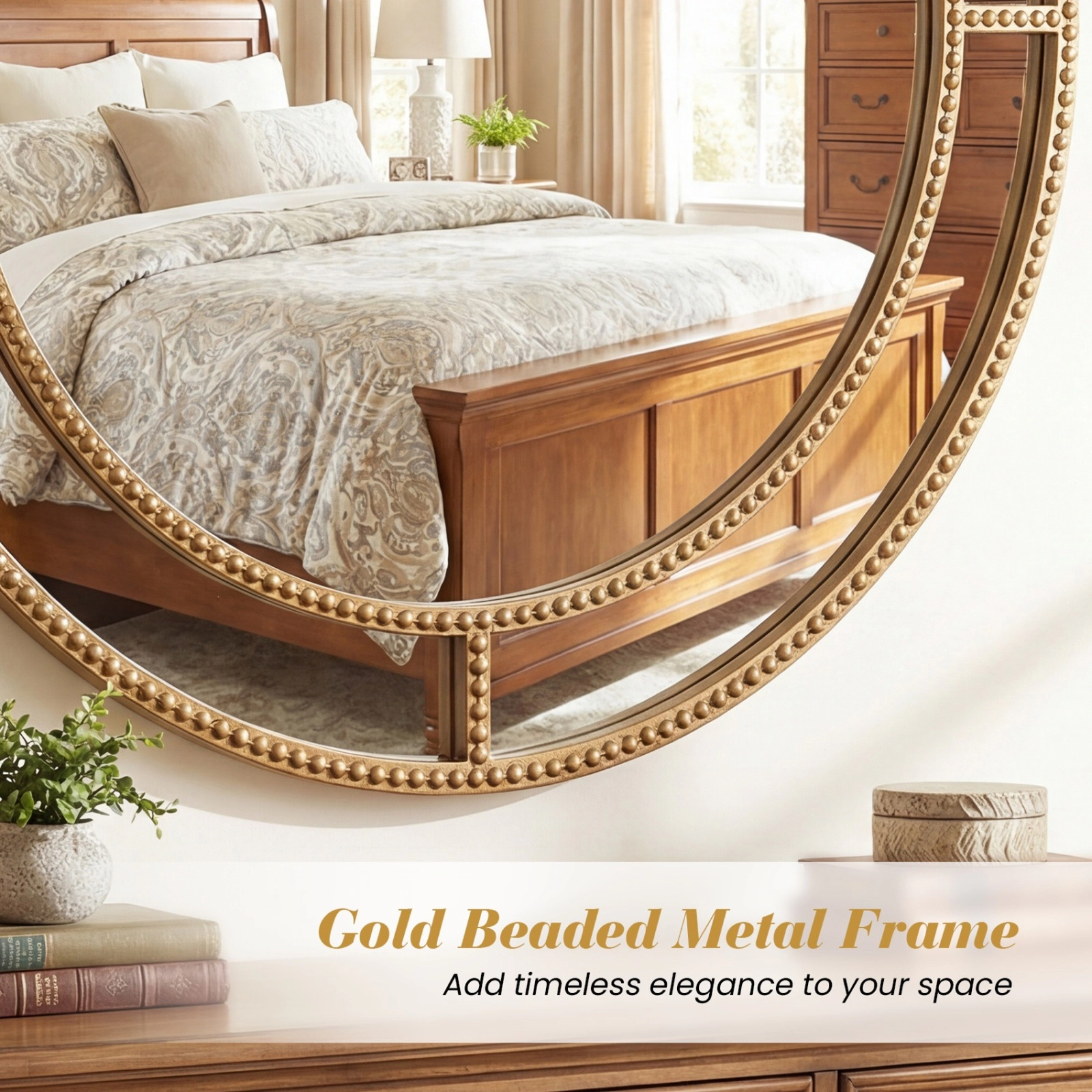 SUGIFT 28-in Round Wall Mirror Beaded Metal Frame MDF Backing Distortion-Free 28 x 1.2-in 13-lb 1-Piece Gold
