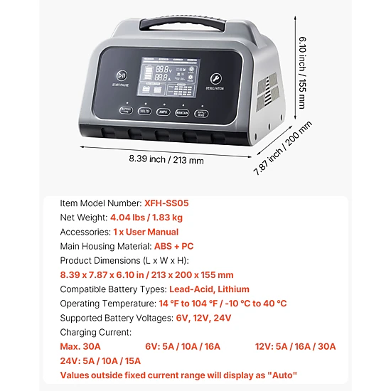 HONGGE Smart Battery Charger, 6V 12V 24V Lithium LiFePO4 Lead-Acid (Gel/AGM) Car Battery Charger, with LCD Display