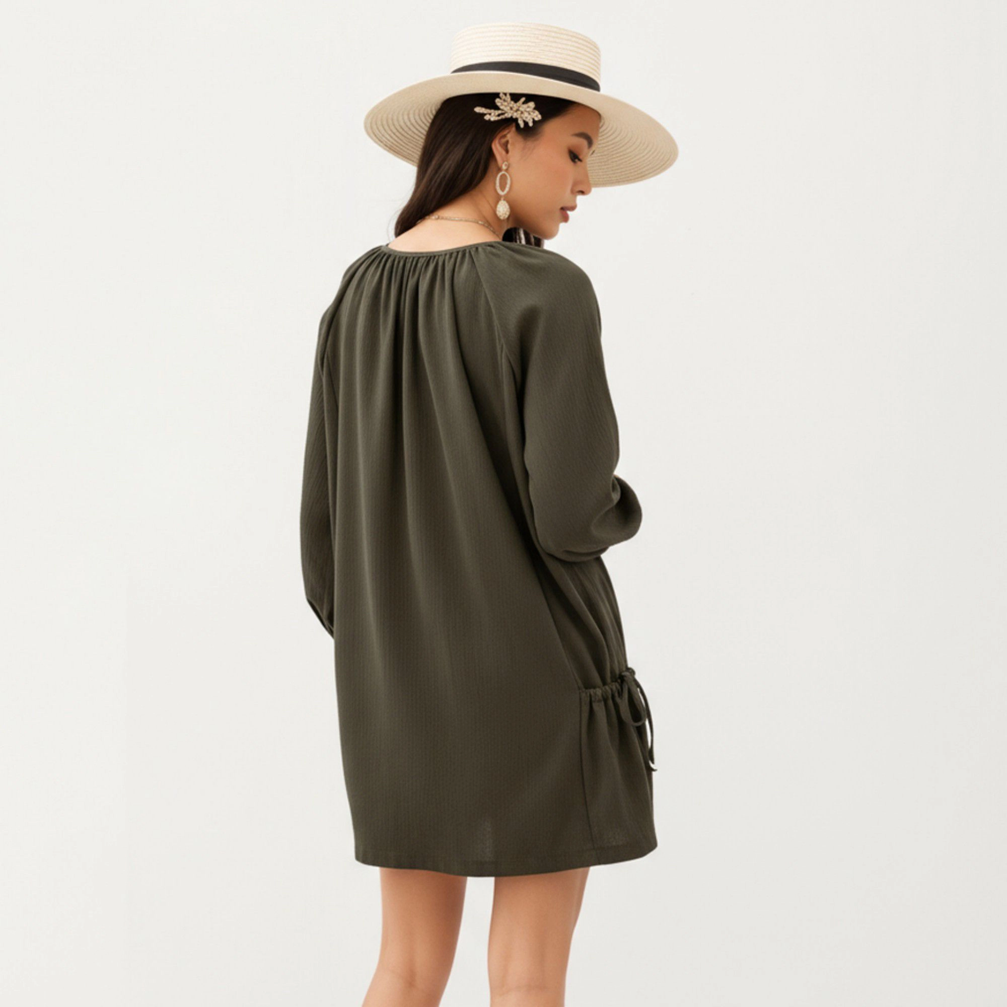 Anna-Kaci Women's Long Sleeve Button Front Side Tie Relaxed Fit Mini Dress
