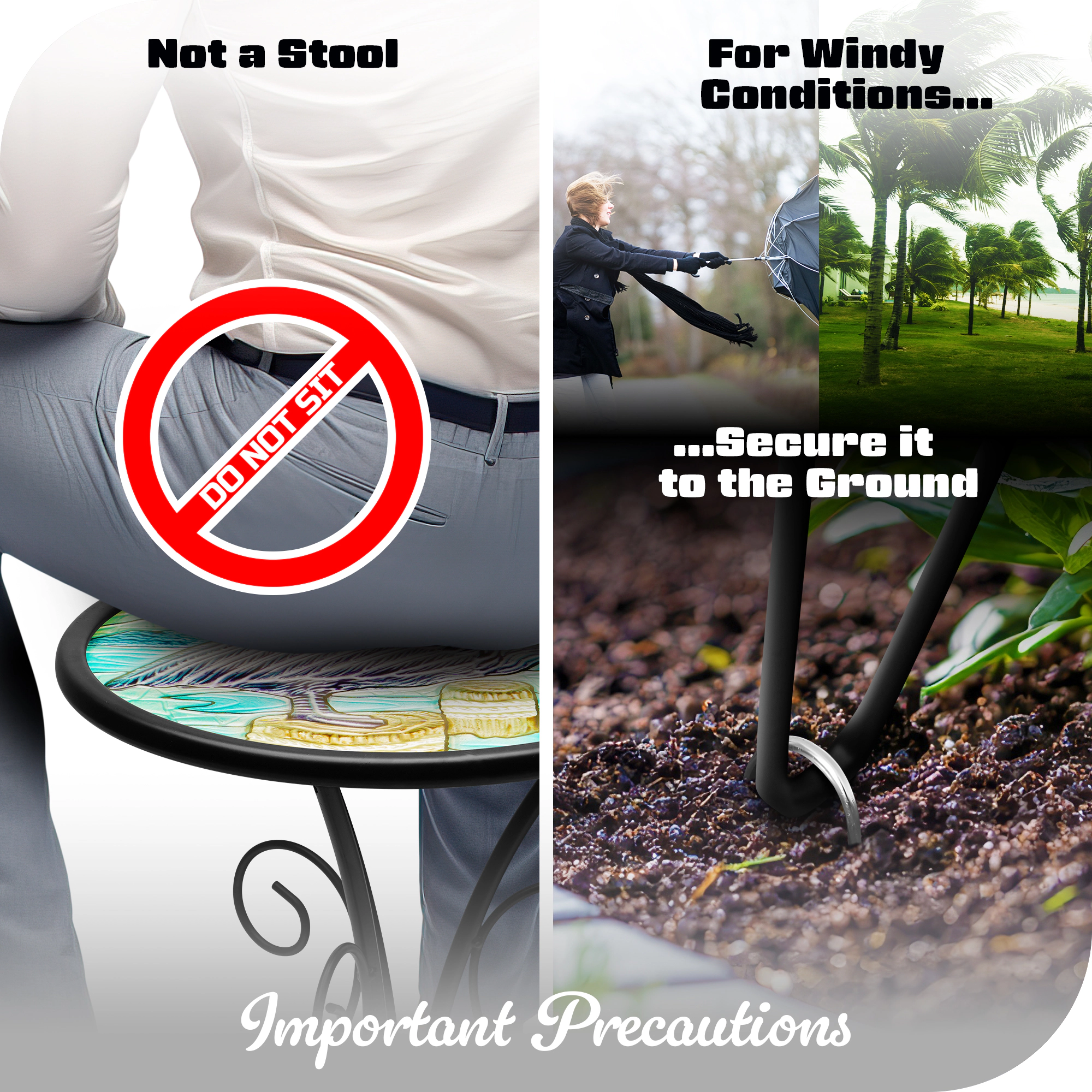 G128 12 in Round Glass Outdoor Side Table Pelican Pattern, Foldable Metal End Table for Garden Patio Porch Living Room