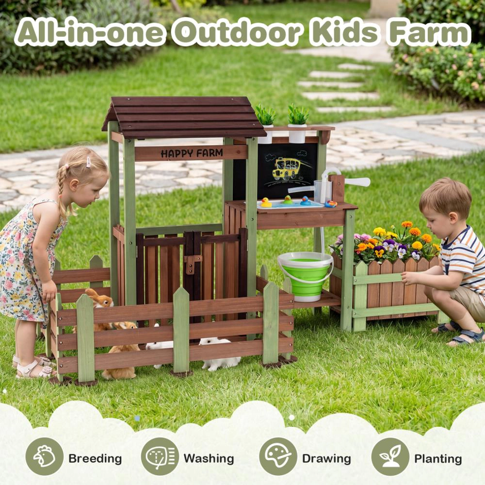 Hivvago Fir Wood Mud Farm Playset with Planter Box Lockable Yard and Faucet