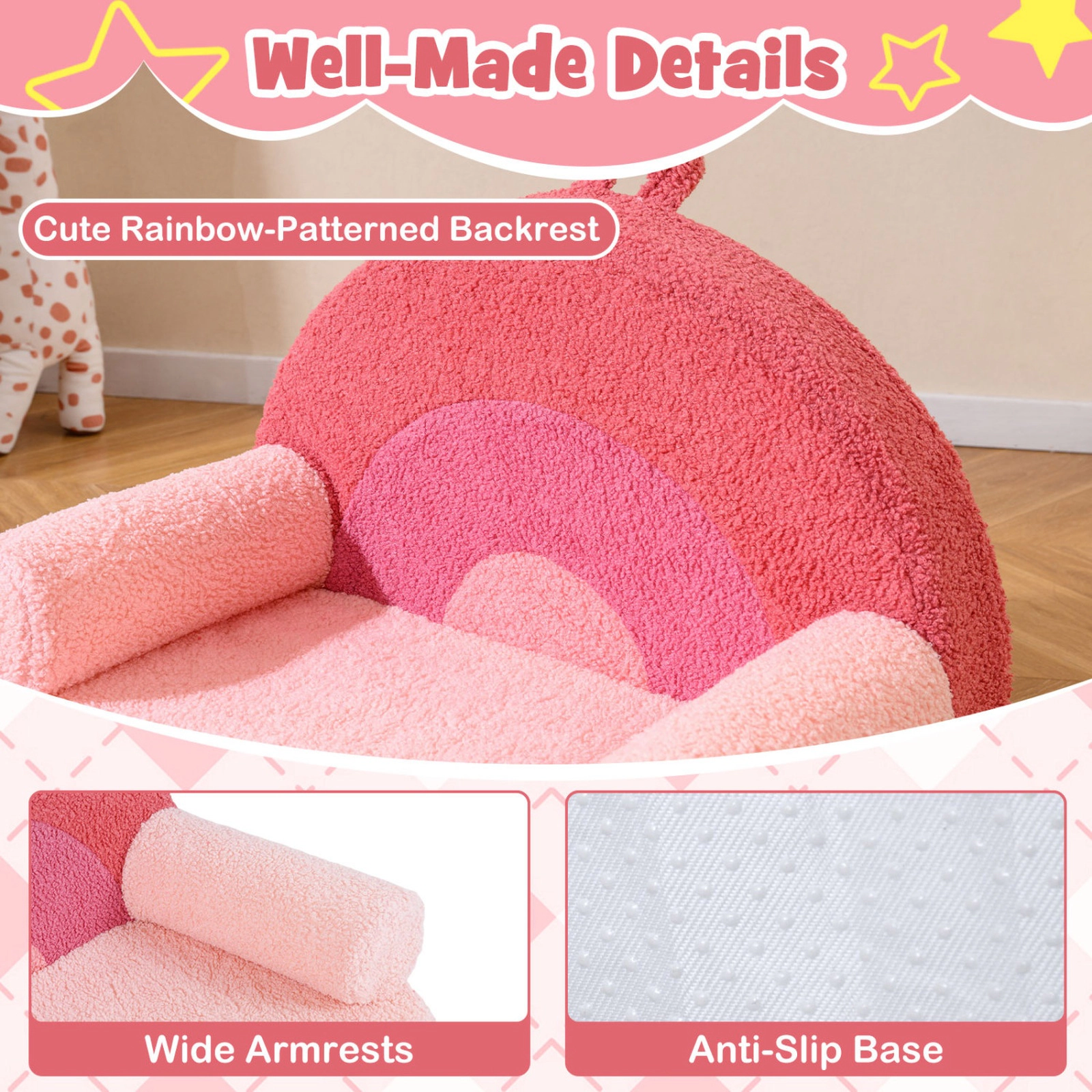 SUGIFT Pink Rainbow Back and Teddy Fleece Cover Kids Foam Couch Toddler Armchair
