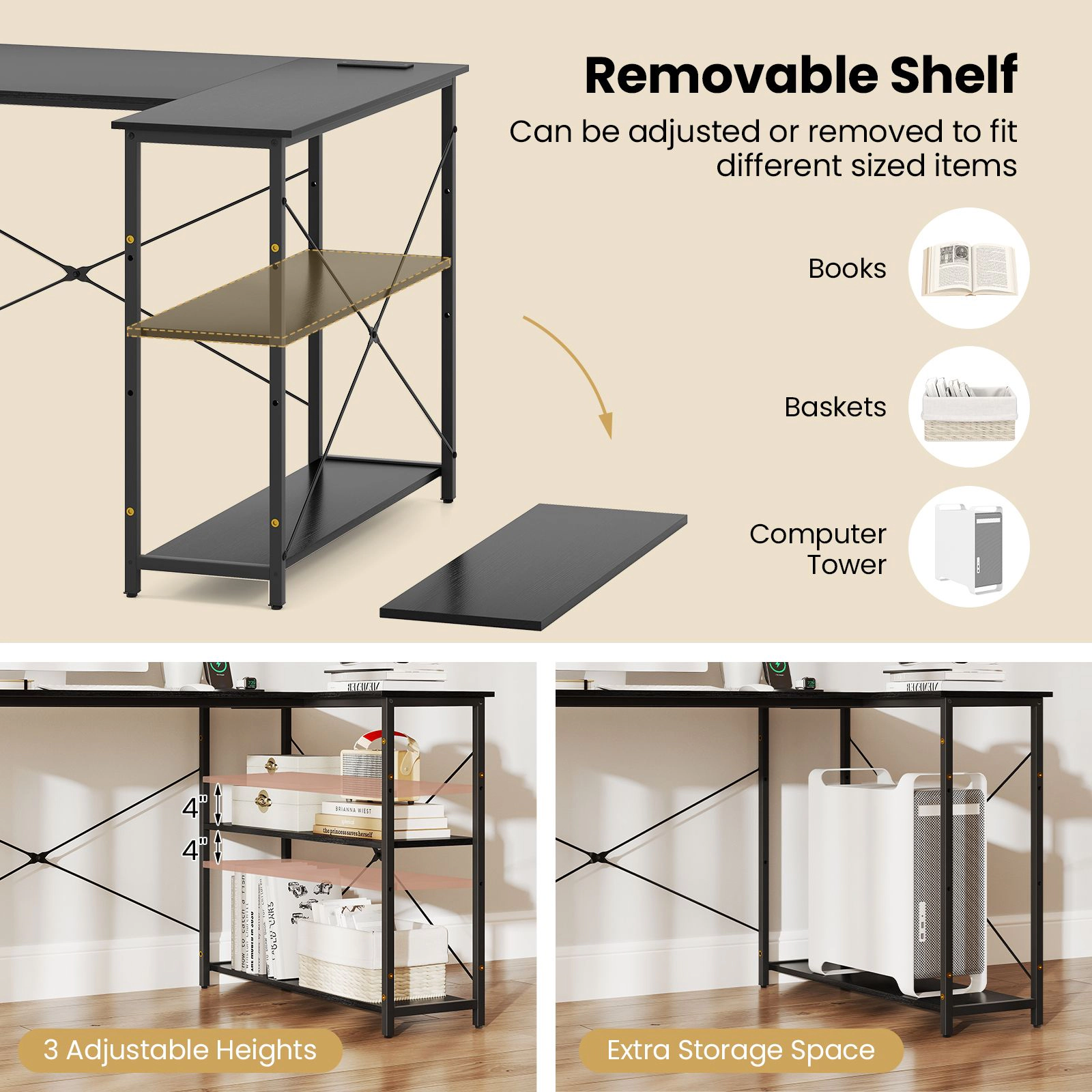 SlickBlue L Shaped Computer Desk with Power Outlet Storage Shelves