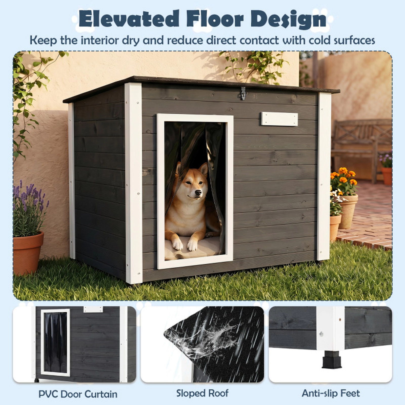 SUGIFT Gray Wooden Outdoor Dog House with Spruce Frame Removable Floor Asphalt Roof and PVC Curtain