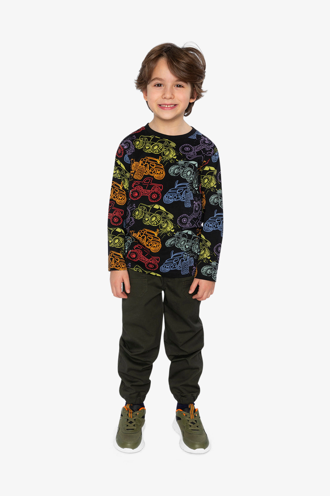 Deux par Boys Organic Cotton Long Sleeve Monster Truck Print T-Shirt