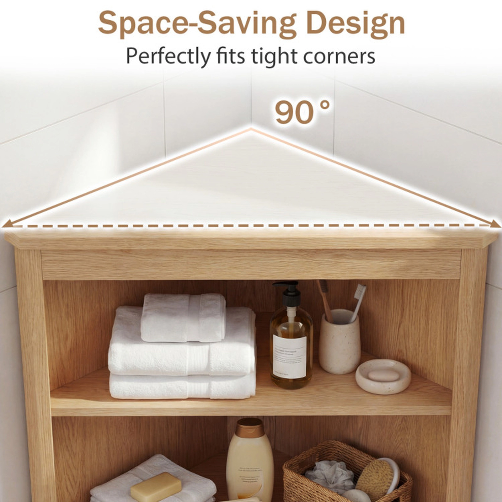 SUGIFT Oak 55-lb Per Shelf 68-in Tall Corner Bathroom Storage Cabinet with Fluted Doors and Rubber Wood Legs