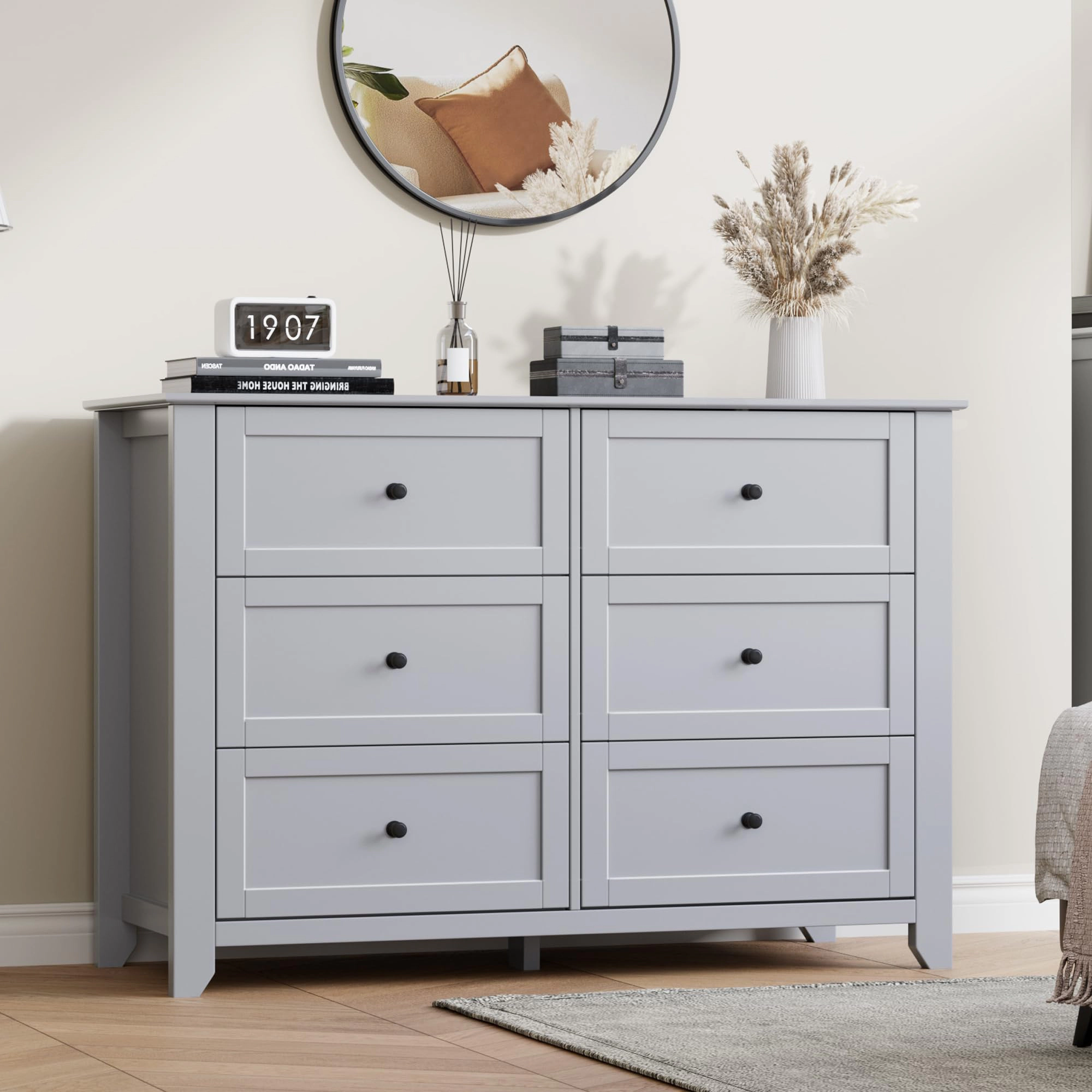 6 Drawer Dresser with Metal Knobs, 47.2" Wide Wooden Double Storage Chest for Bedroom Entryway Hallway