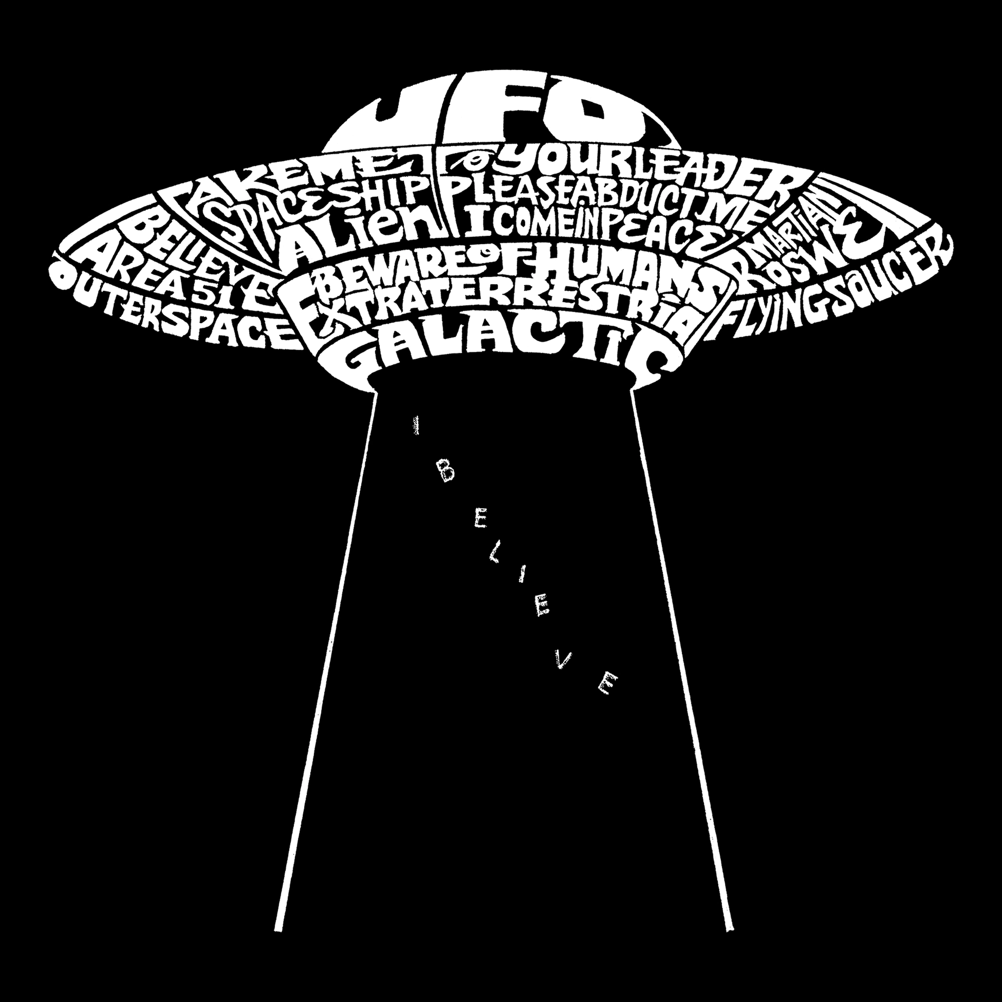 LA Pop Art Men's Flying Saucer UFO Word T-Shirt - 100% Cotton Crew Neck, Short Sleeve, Regular Fit, Made Honduras