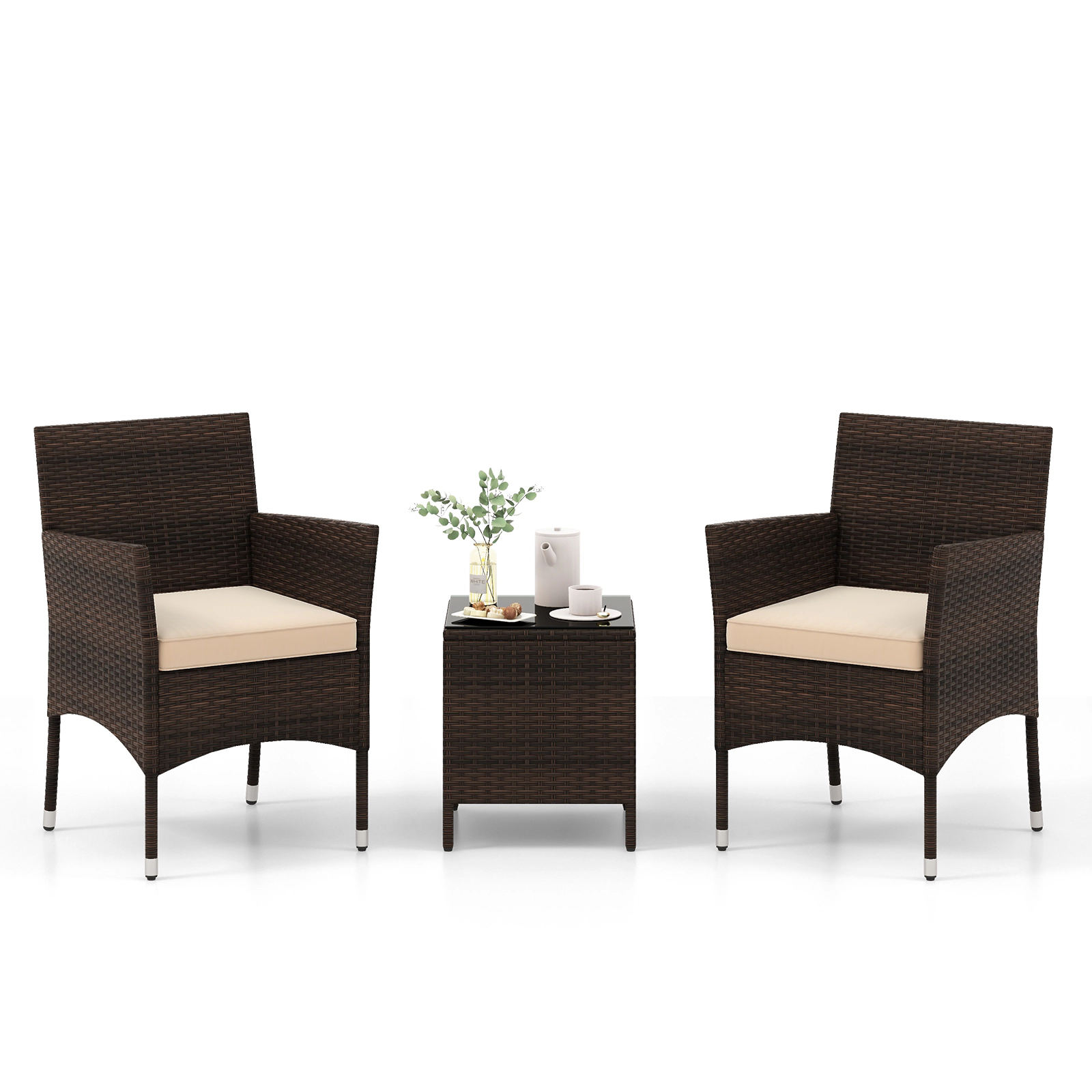 SUGIFT 3-Piece Brown Wicker Balcony Conversation Set with Glass Table and Cushions