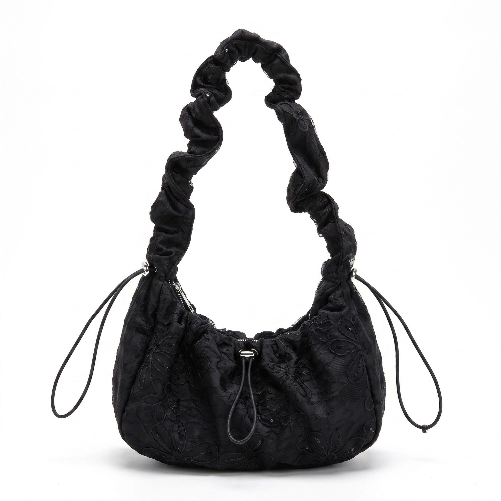 Alilang Women's Floral Embroidered Ruched Shoulder Bag with Drawstring Closure 11x8.3x3in