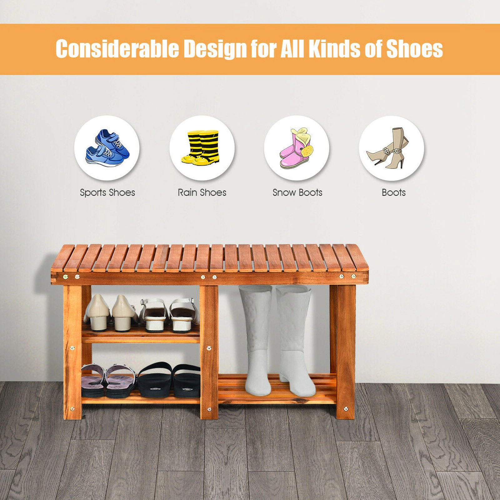 SUGIFT 3-Tier Teak 34-in 350-lb Capacity Freestanding Acacia Wood Shoe Storage Bench with Seat