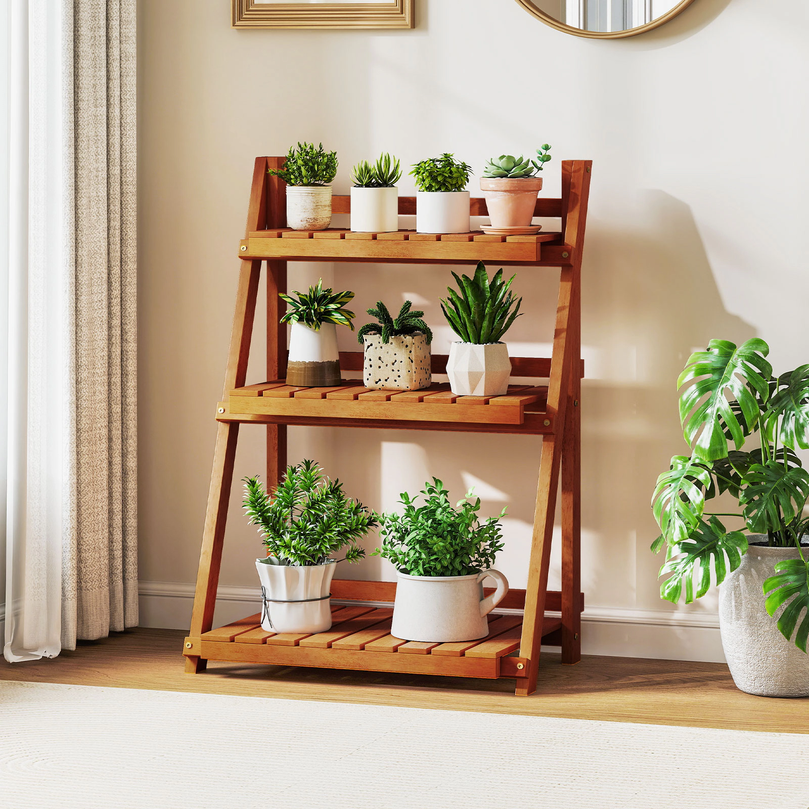 Slickblue Wooden 3 Tier Plant Shelf Foldable Ladder Rack for Indoor Balcony Garden Plants