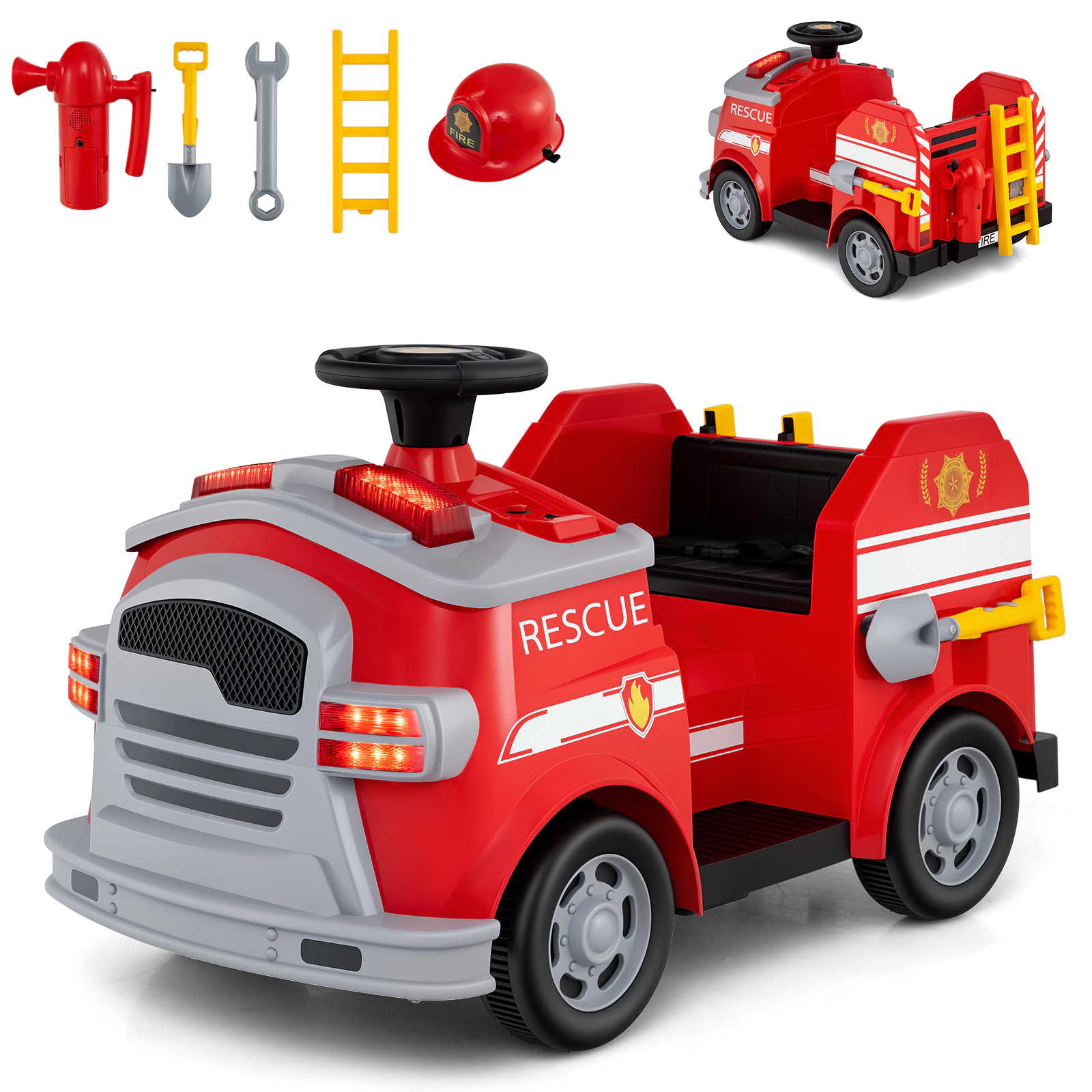 SUGIFT 12V Ride-On Fire Truck Toy Car with Shovel Wrench Ladder and Safety Hat 55-lb Capacity Ages 37-95 Months Red