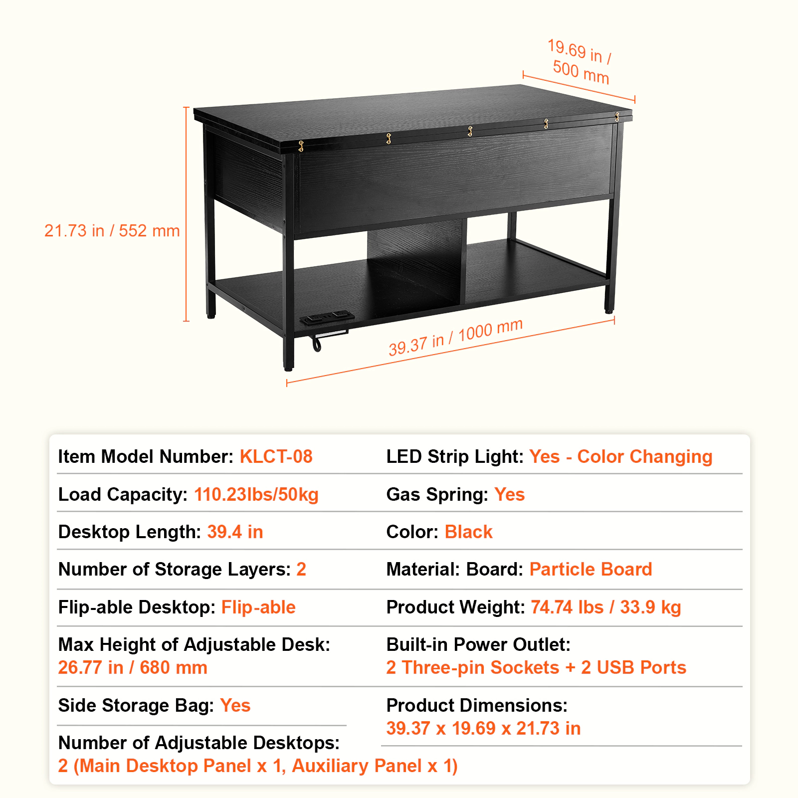 HONGGE Lift Top Coffee Table 39.4 in Rectangle Coffee Table with Extra Storage Pockets Flipable Coffee Table with Power