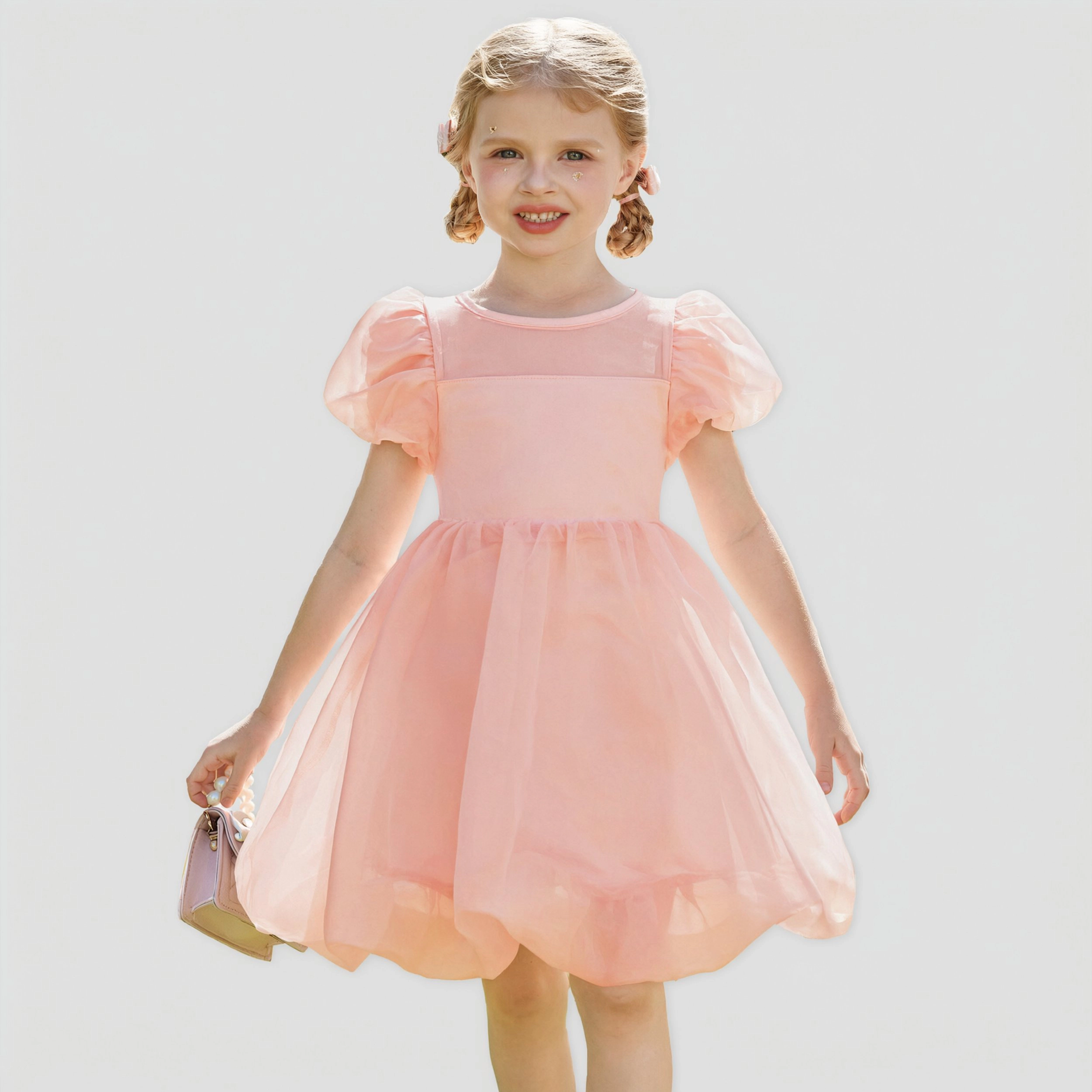 Arshiner Toddler Girls Dress Contrast Mesh Puff Short Sleeve Flowy Bubble Hem Mini Tie Dye