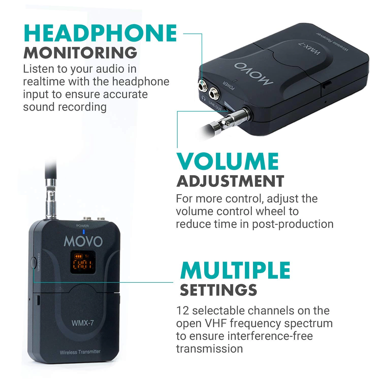 Movo WMX-7 VHF 12-Channel Wireless Lavalier Microphone System Compatible with DSLR Cameras Camcorders Smartphones
