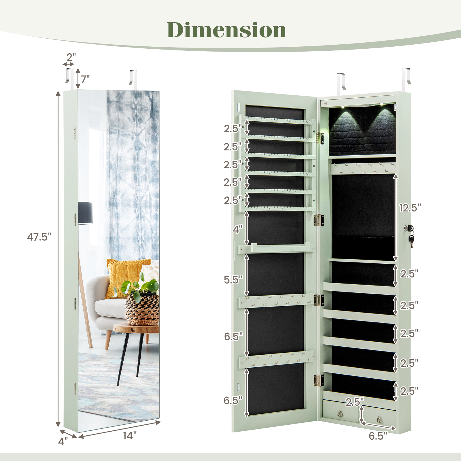 SUGIFT White Wall and Door Mounted Jewelry Armoire with LED Lights 6 Shelves 4-in D 54.5-in H
