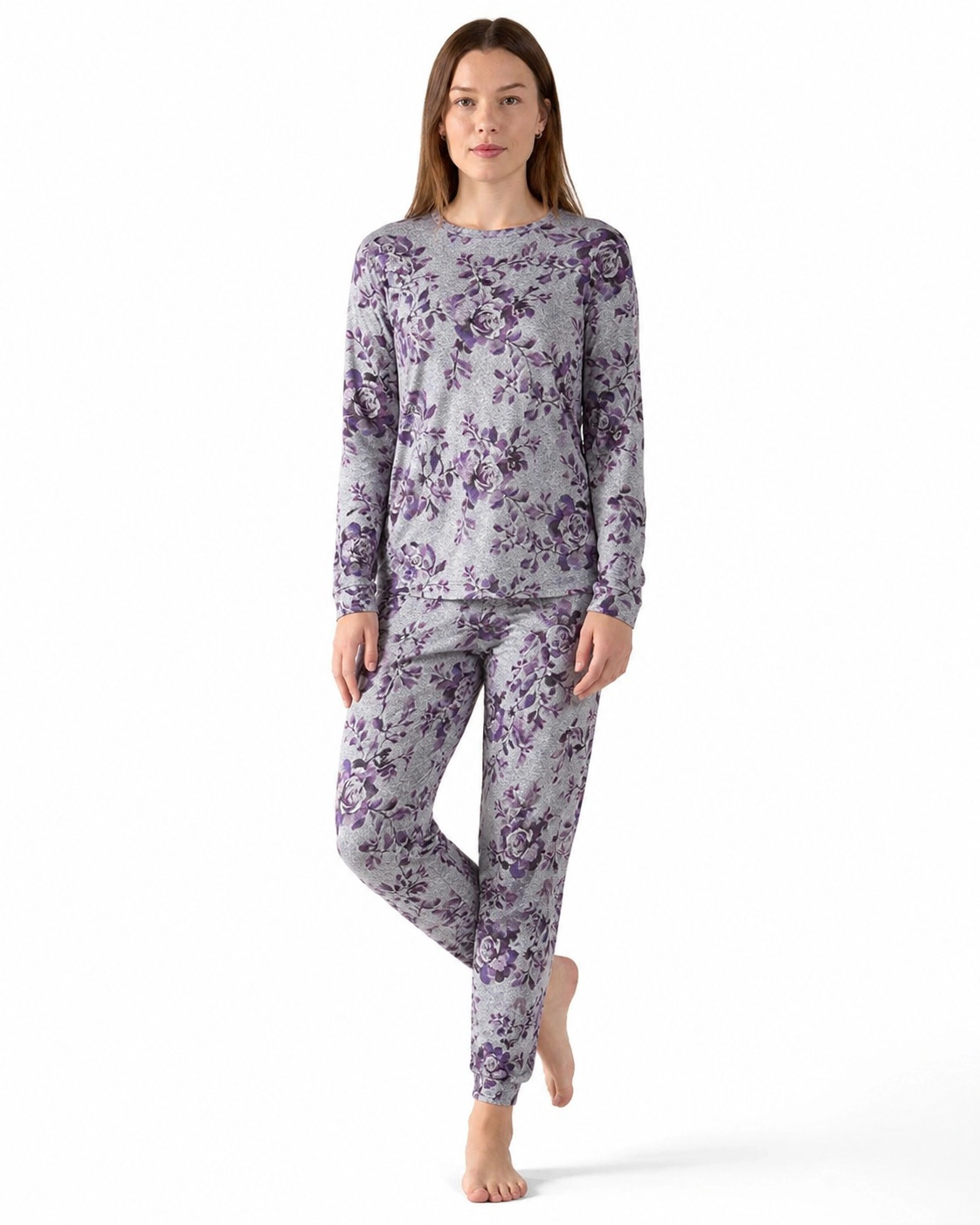 Women's 2 Piece Purple Blossom Long Sleeve and Tapered Pant Pajama Set