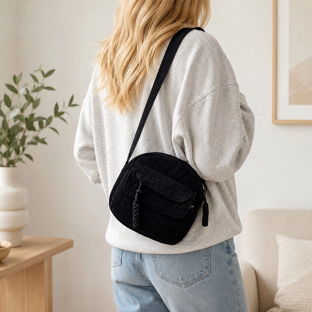 Alilang Women's Corduroy Crossbody Bag with Front Pocket Adjustable Strap and Zip Closure, Black