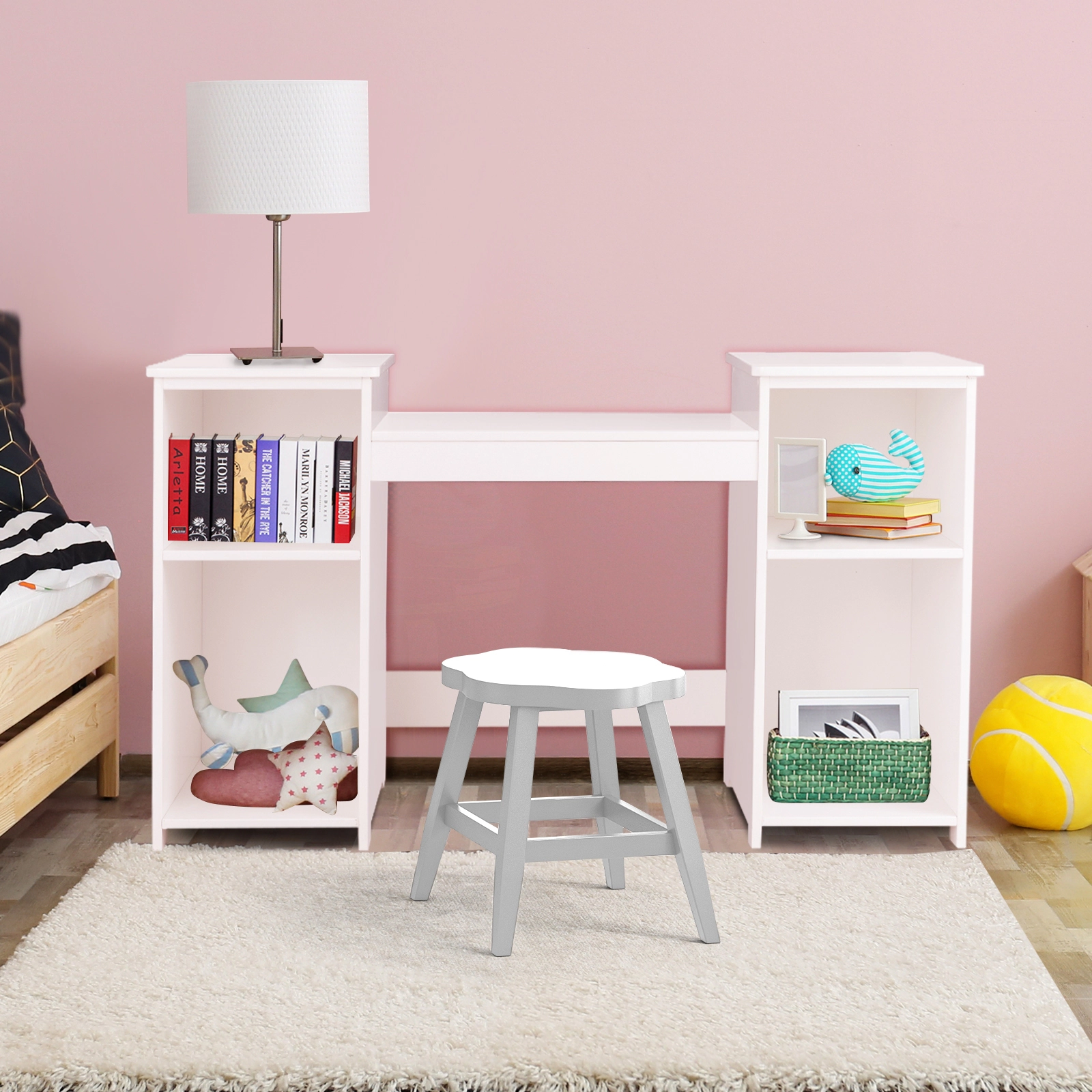 SUGIFT Kids Vanity Table with Tri-Fold Mirror and Storage Shelves and 4 Storage Compartments in White