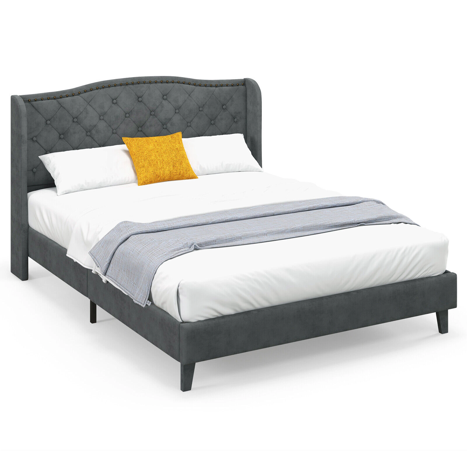 LJG Full/Queen Size Upholstered Platform Bed Frame with Button Tufted Headboard