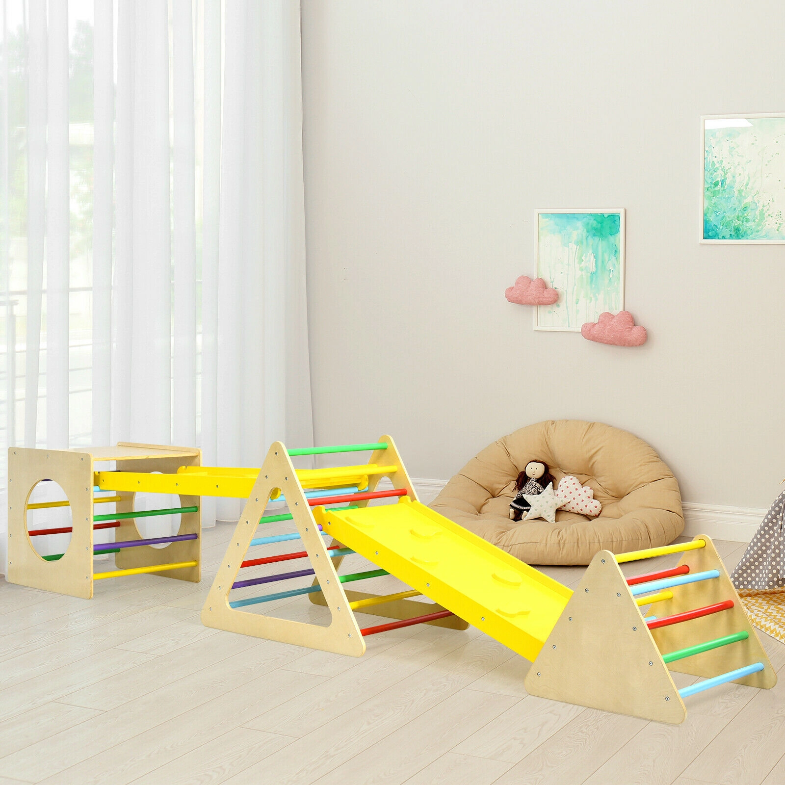 LJG 5 in 1 Kids Triangle Climber Play Gym Set with 2 Ramps