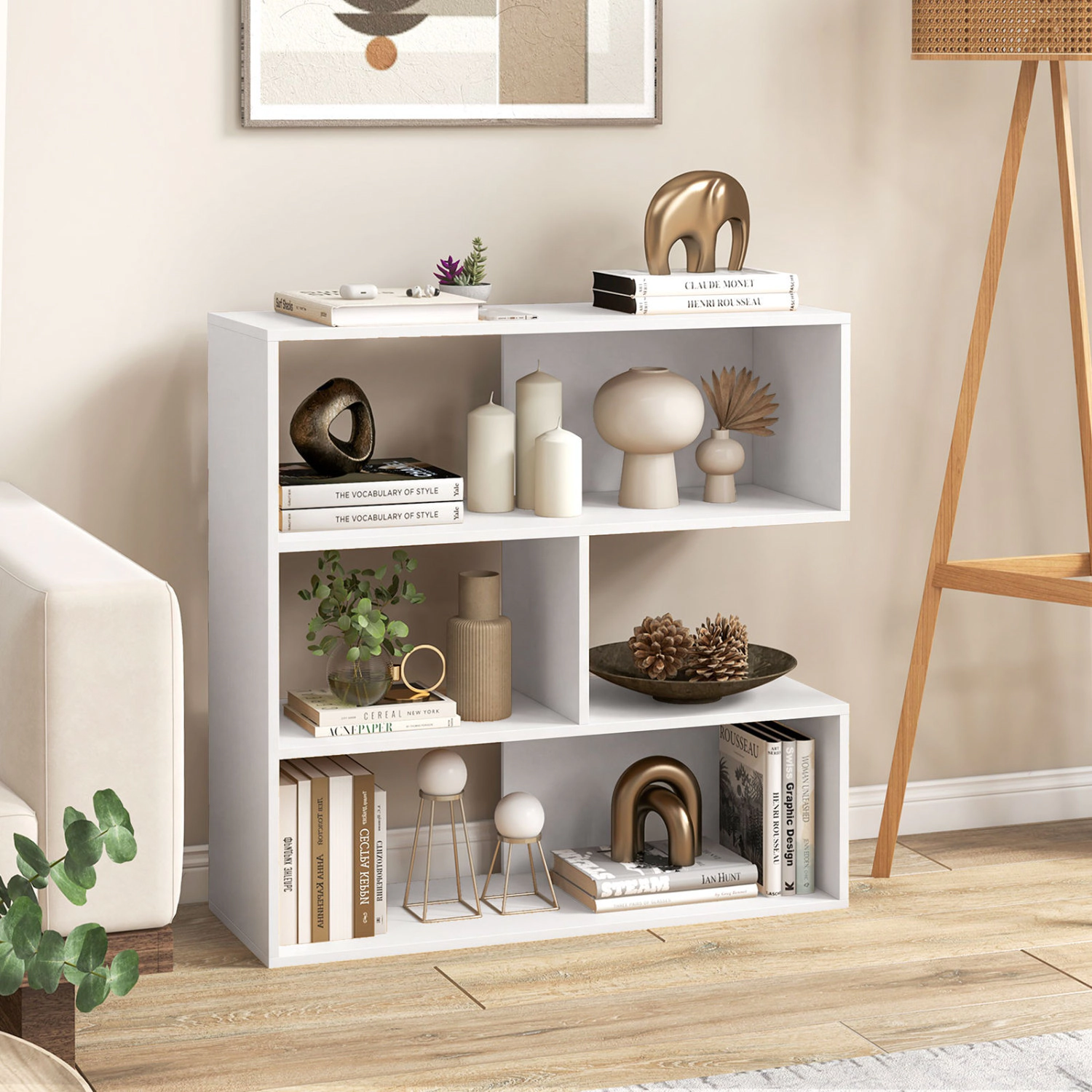 LJG Concave Bookshelf with 3 Open Shelves & Anti-Toppling Device for Living Room