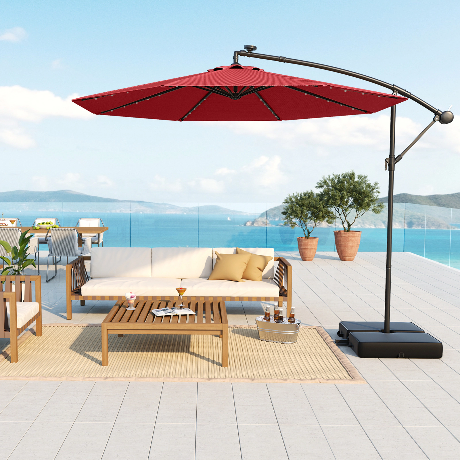 SUGIFT 10-ft Offset Cantilever Patio Umbrella with 40 Solar Powered Lights and Sand Bag Red