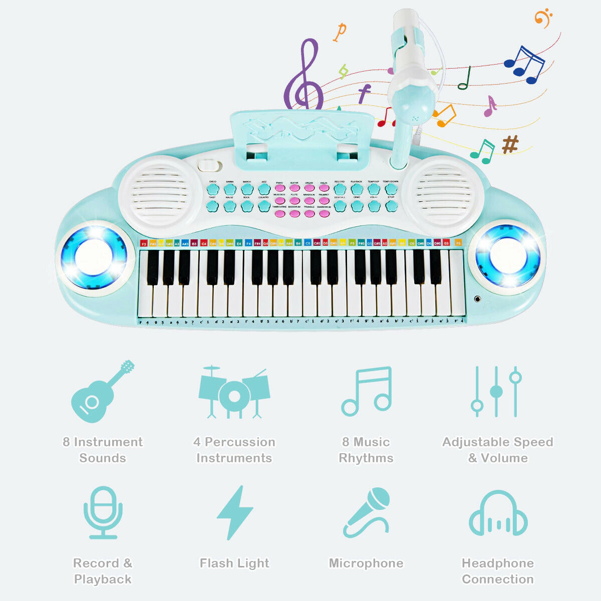 SUGIFT 37-Key Electric Keyboard Piano with Recording and Playback Ages Over 18 Months with Microphone Blue