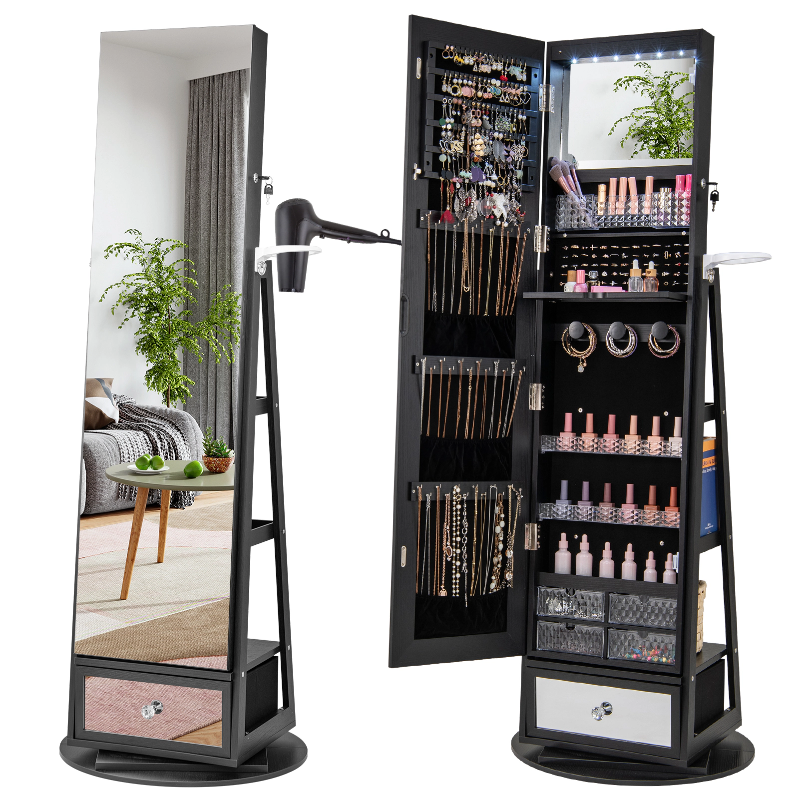 Hivvago Lockable 360° Swivel Jewelry Cabinet with Full-Length Mirror LED Lights