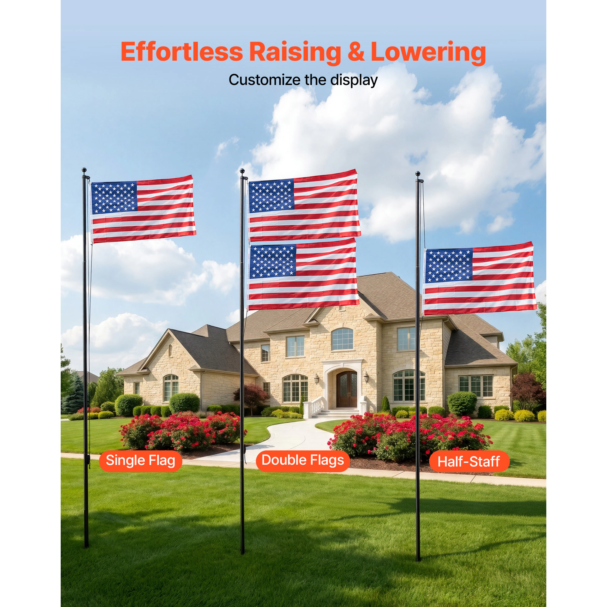 HONGGE 20 ft Sectional Flag Pole Kit, Heavy Duty Aluminum In-Ground Flagpole with 3x5 American Flag