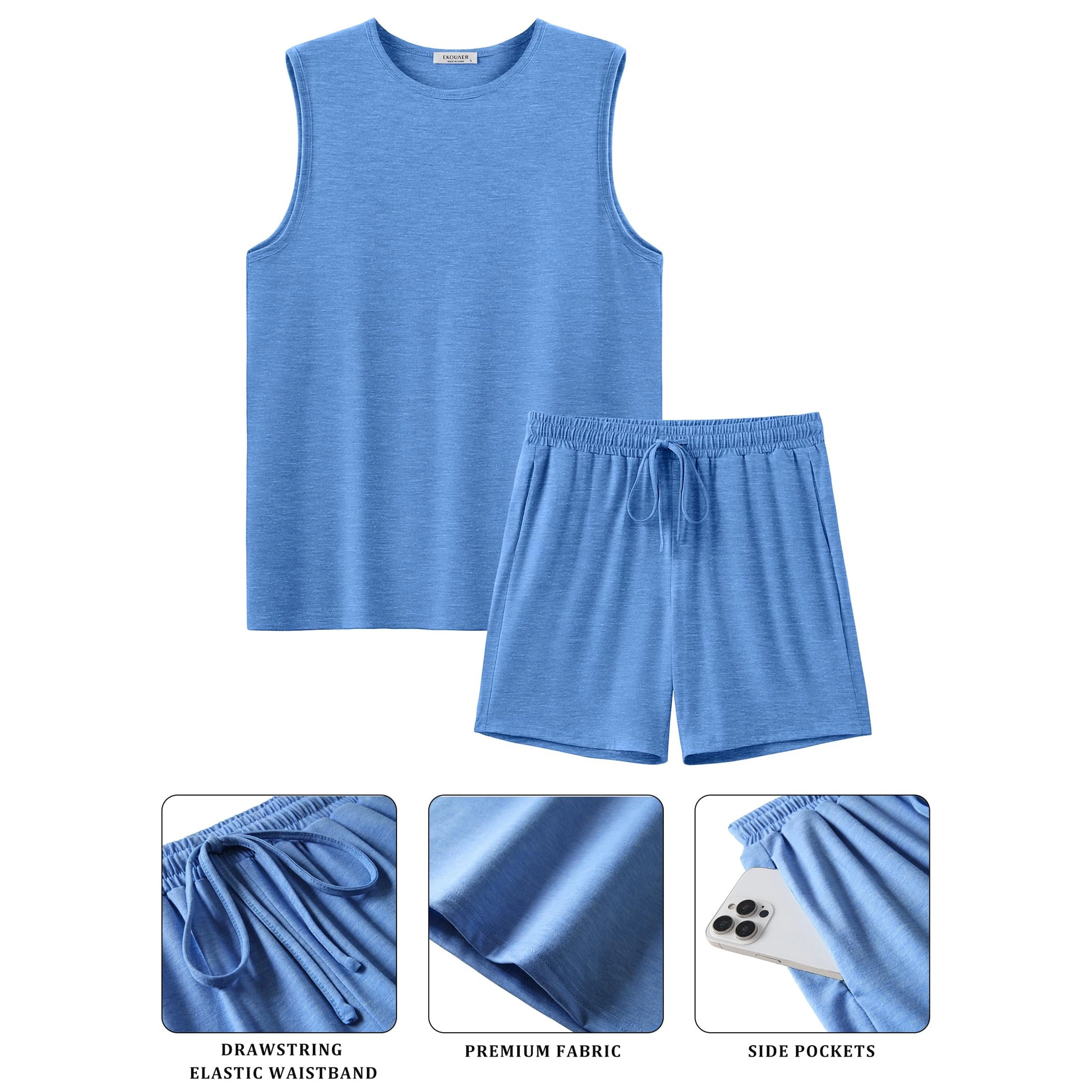 Ekouaer Men Pajamas Set Workout Tank Top Pjs Sets with Shorts Two Piece Soft Casual Shirts