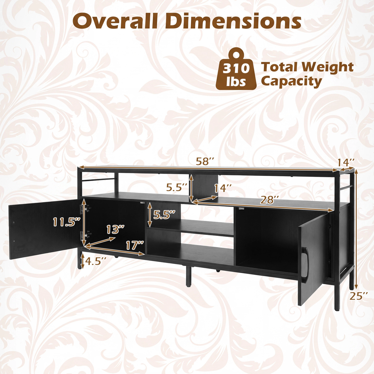 LJG 58 Inch Industrial TV Stand with Cabinets and Adjustable Shelf for TVs up to 65 Inch