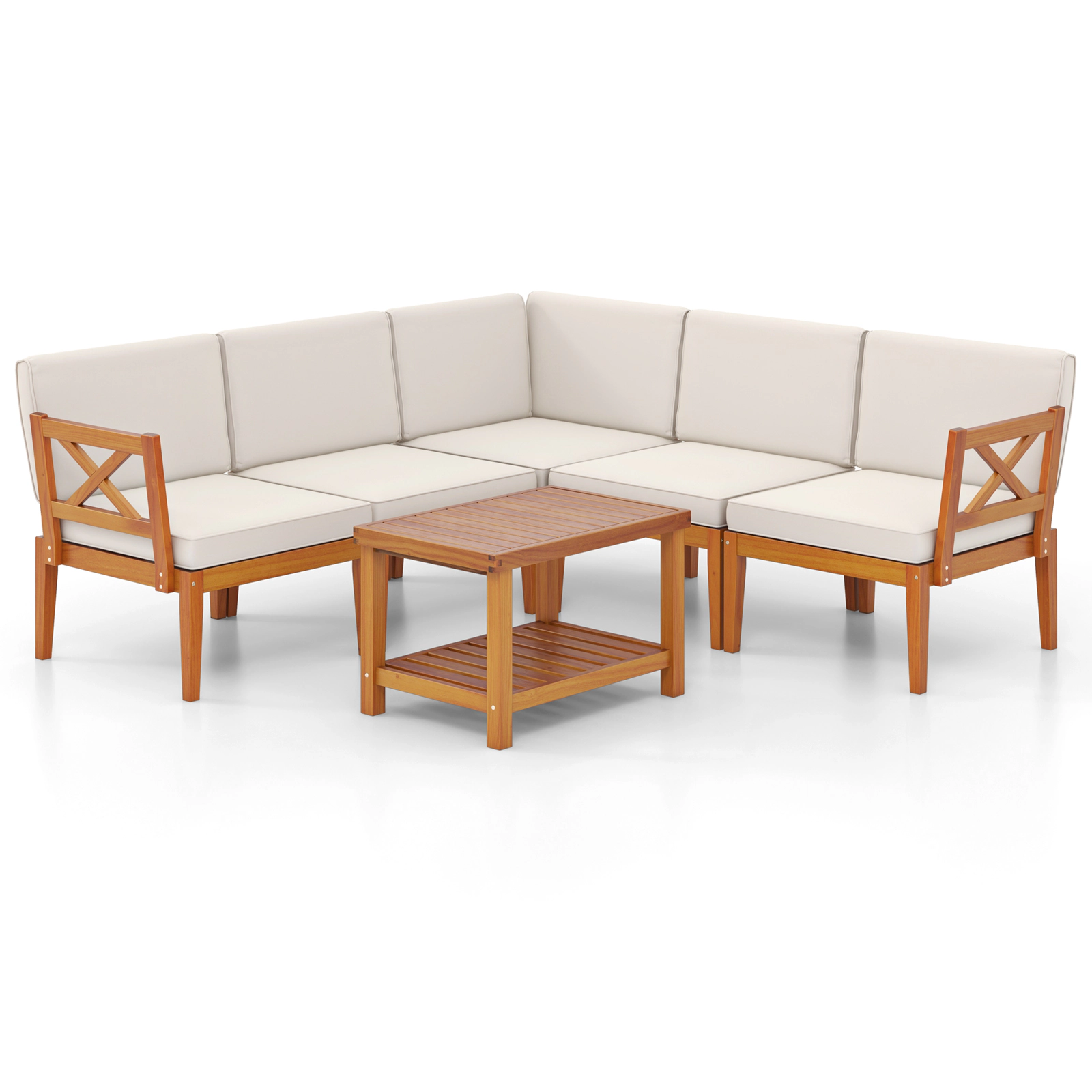 SUGIFT 6-Piece White Acacia Wood Outdoor Sectional Sofa Set with 2-Tier Coffee Table