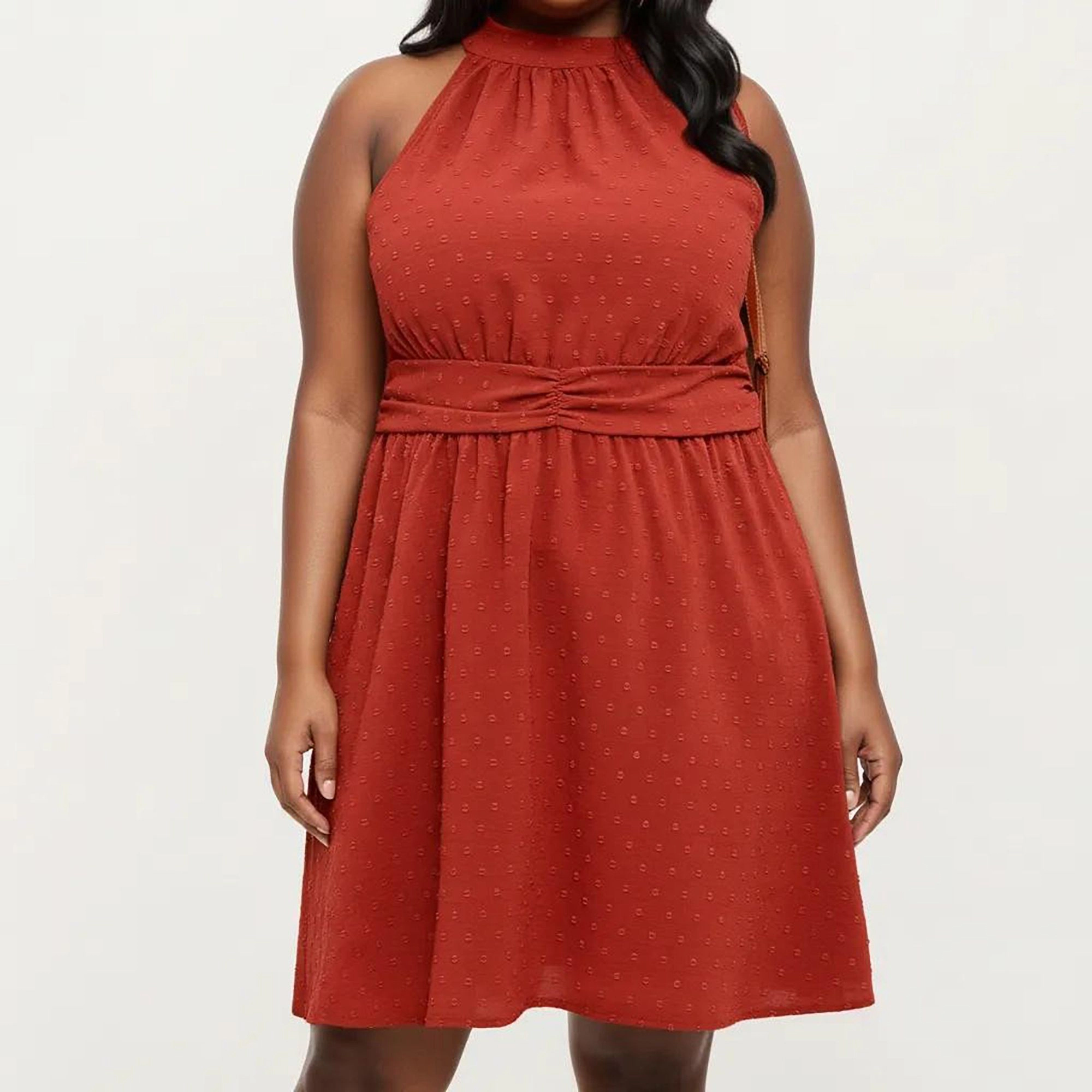 Anna-Kaci Women's Plus Sleeveless Halter Neck Textured Fabric Ruched Waist Flowy A Line Silhouette Dress