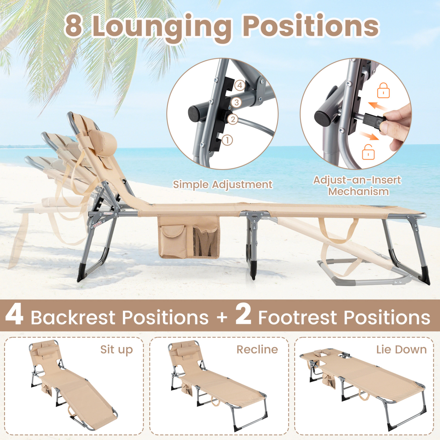 LJG Set of 2 Tanning Chair Portable Chaise Lounge with 4-Position Adjustable Backrest