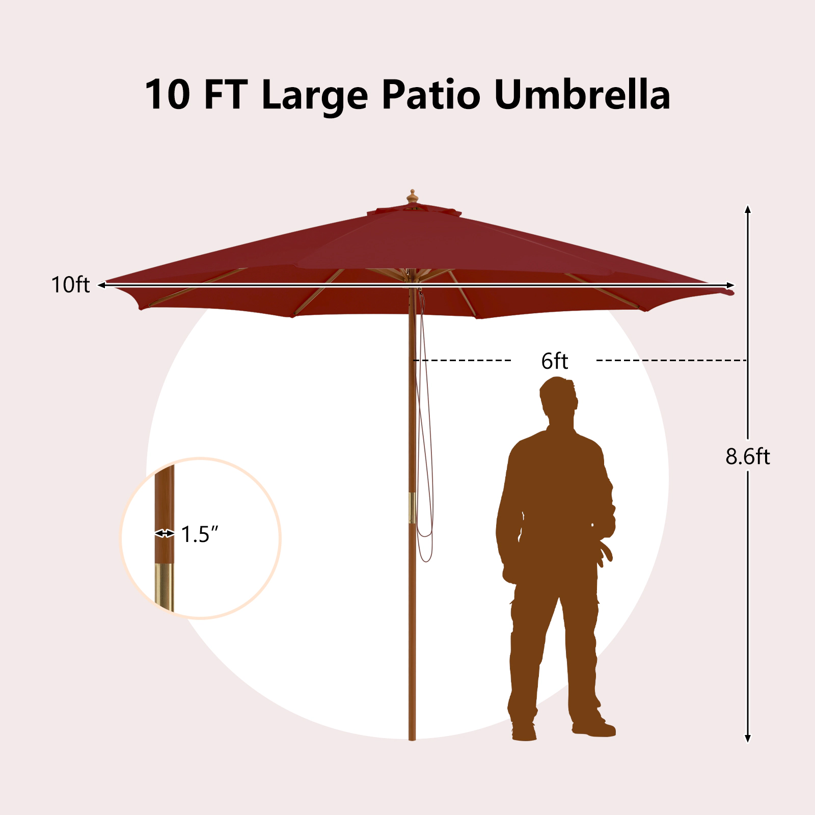 SUGIFT 10-ft Wine Patio Umbrella with Wooden Pole 8 Bamboo Ribs and 3 Adjustable Heights 8.6-ft H
