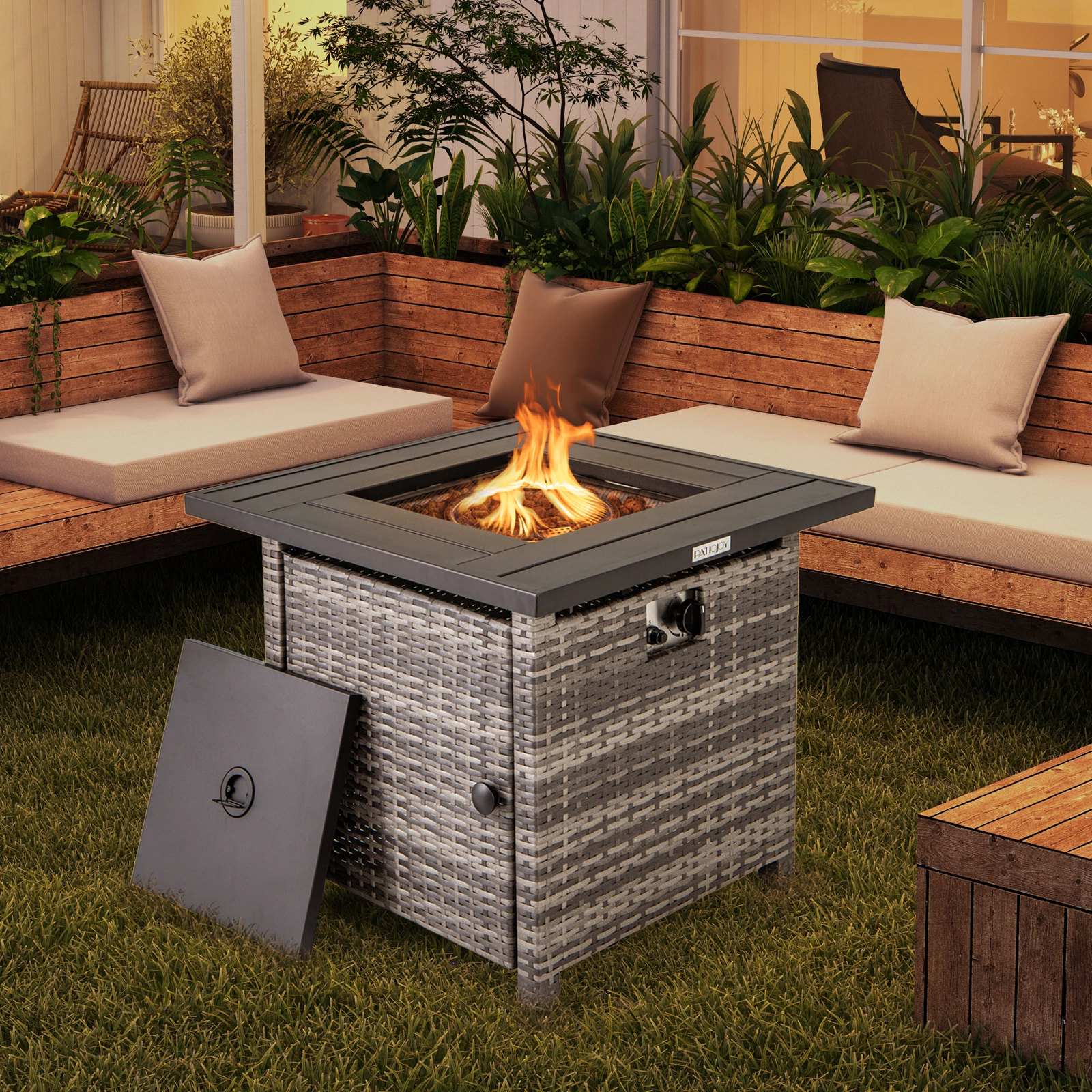 SUGIFT 29-in Compact 50000-BTU Propane Gas Fire Pit Table with Gray PE Rattan Weave and PVC Cover